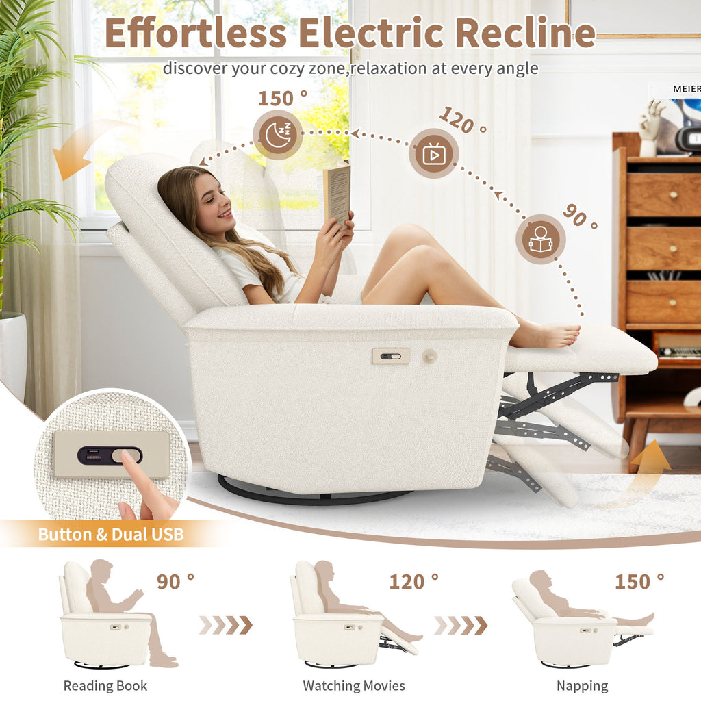 270° Power Swivel Rocker Recliner Chair With Phone Holder, Electric Glider Reclining Sofa With USB Ports For Living Room Bedroom - Beige