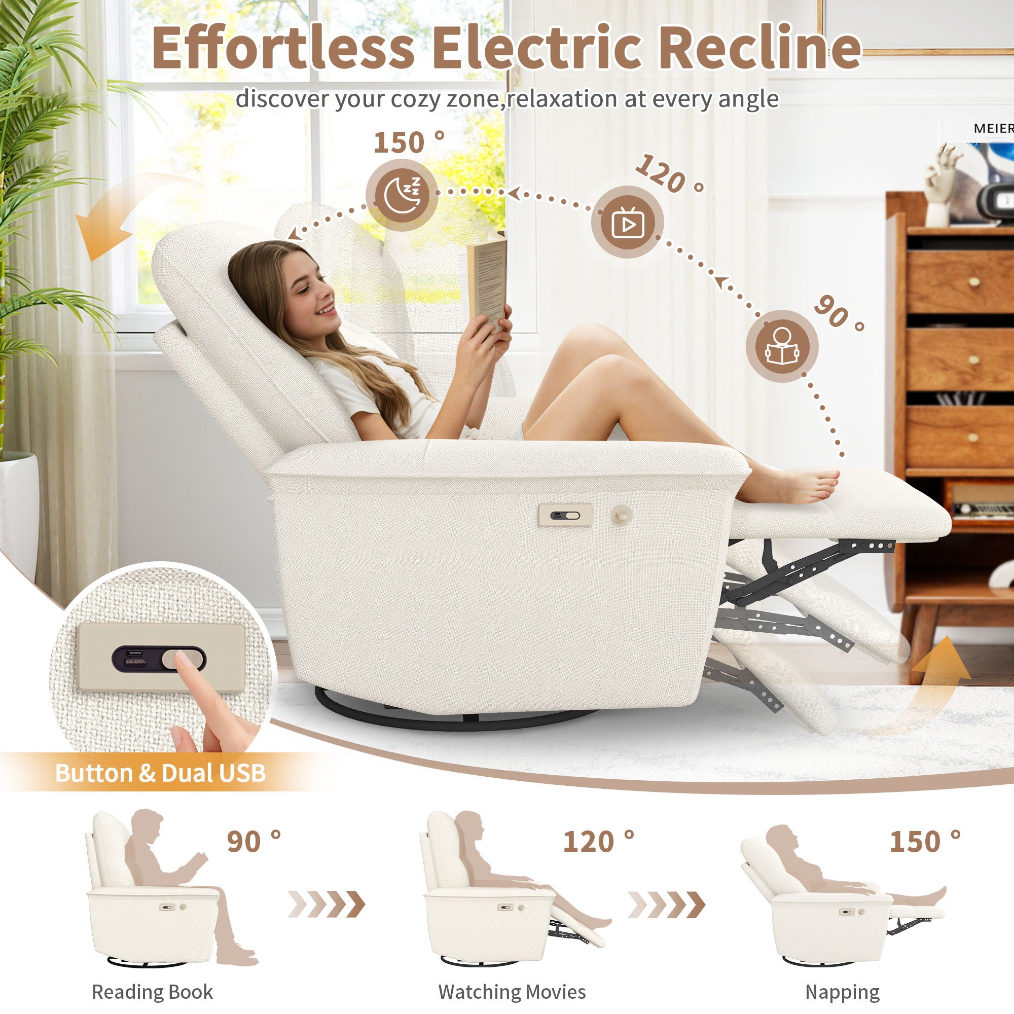 270° Power Swivel Rocker Recliner Chair With Phone Holder, Electric Glider Reclining Sofa With USB Ports For Living Room Bedroom - Beige