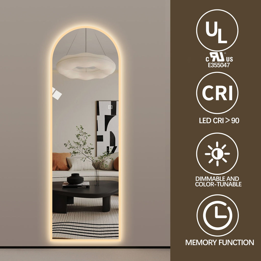 LED Full Length Wall Mirror With Symmetrical Arch Design, Dimmable 3 Color Temperature Lighting - Silver