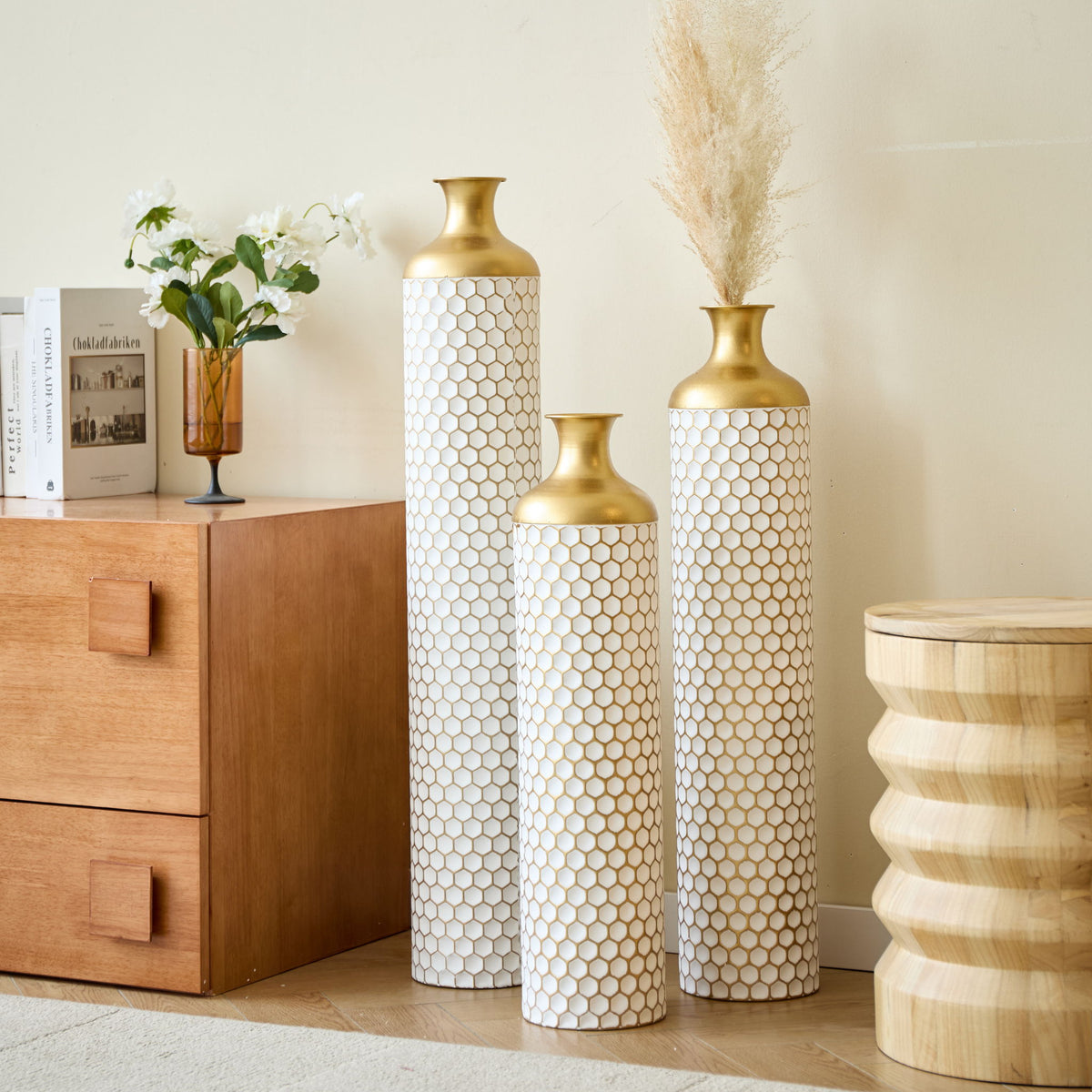 3 Piece Set Gorgeous Home Decoration Large Glazed Floor Vase Decoration Home Droplet Shaped - Gold / White