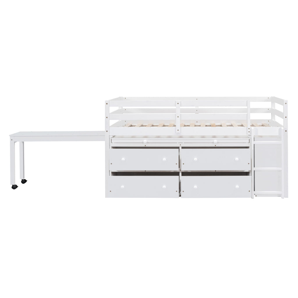 Loft Bed With Retractable Writing Desk And 4 Drawers, With Lateral Portable Desk And Shelves