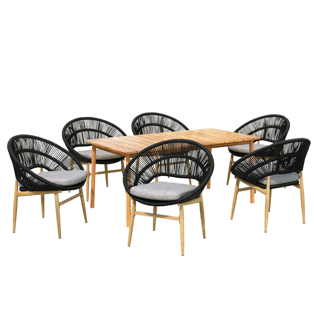 Cyril - Outdoor Patio 7 Piece Dining Set With Wicker Chairs And Table - Dark Gray / Teak