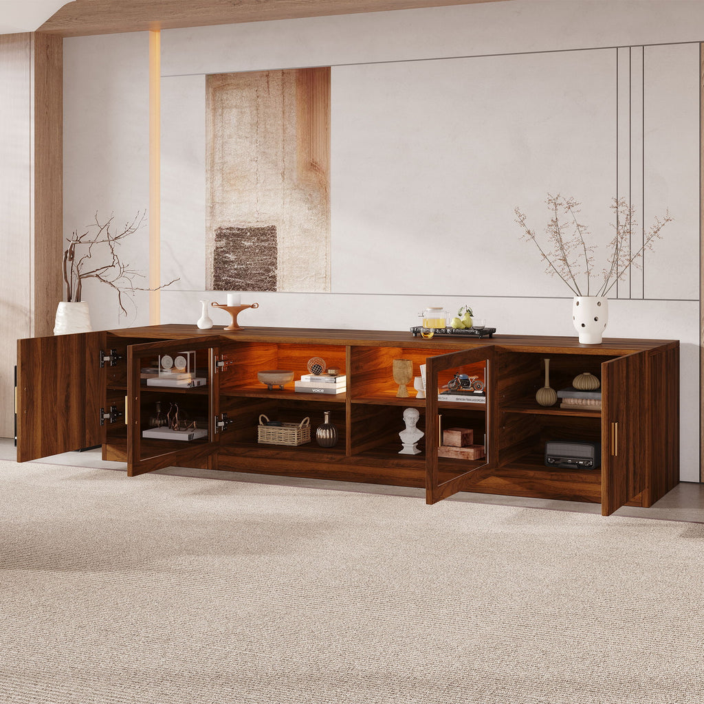 TV Stand, Media Console With Glass Doors And LED Lights, Adjustable Shelf Storage - Walnut