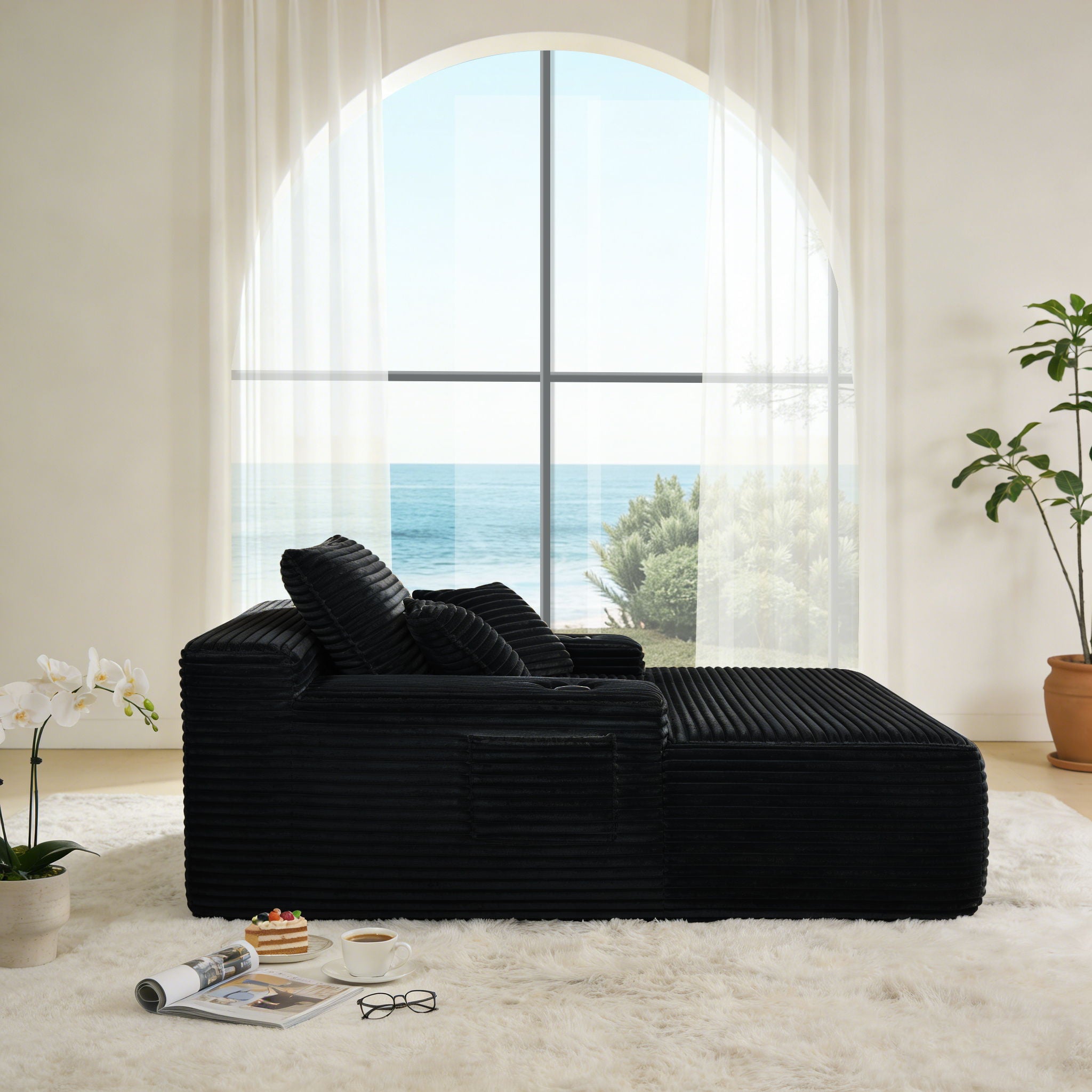 Convertible Chaise Lounge Chair With Wide Armrest & Throw Pillows - Black