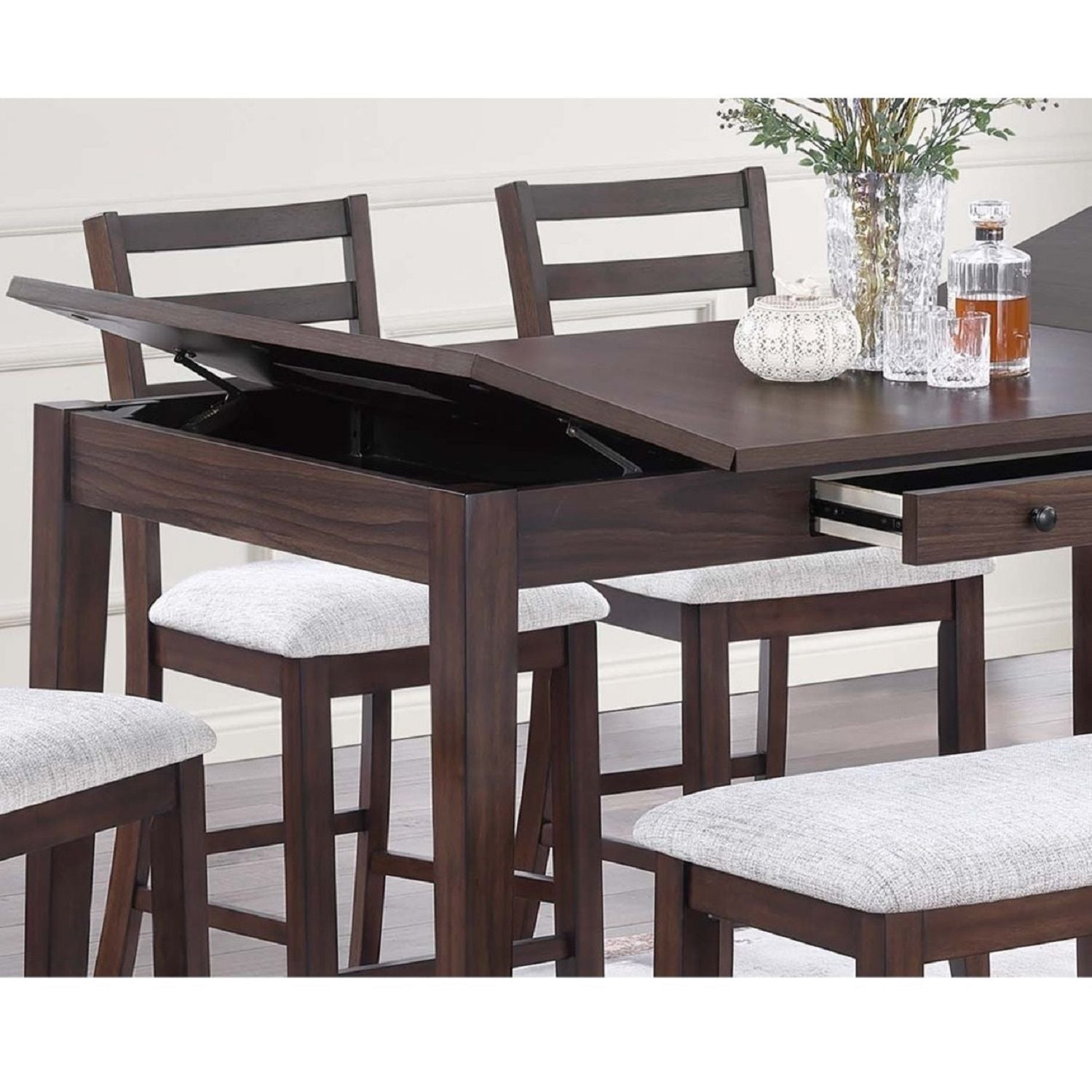 Counter Height Dining Table With Lift Top Storage And Front Drawer - Walnut