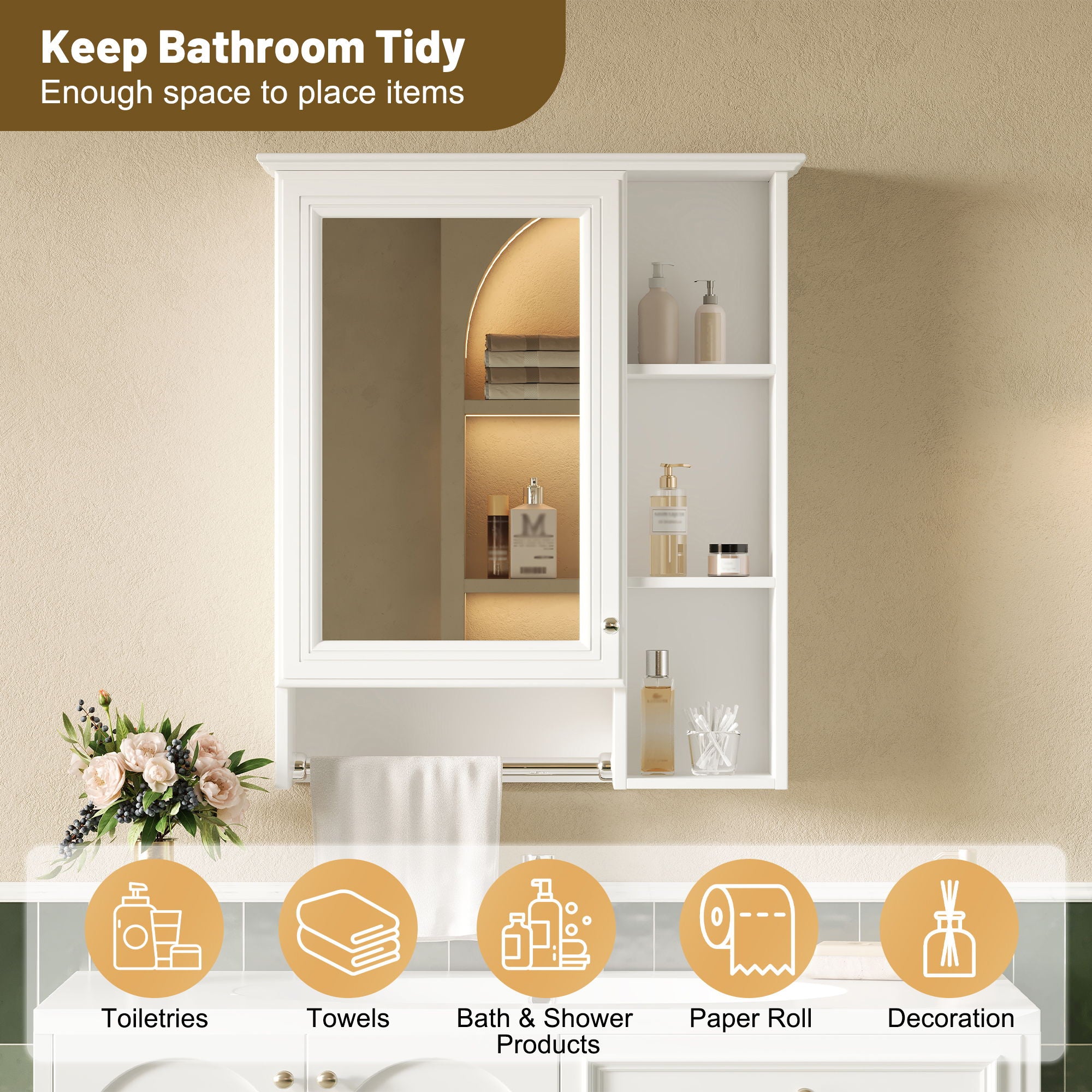 Modern 3 In 1 Bathroom Mirror Cabinet With Adjustable Shelf & Towel Bar