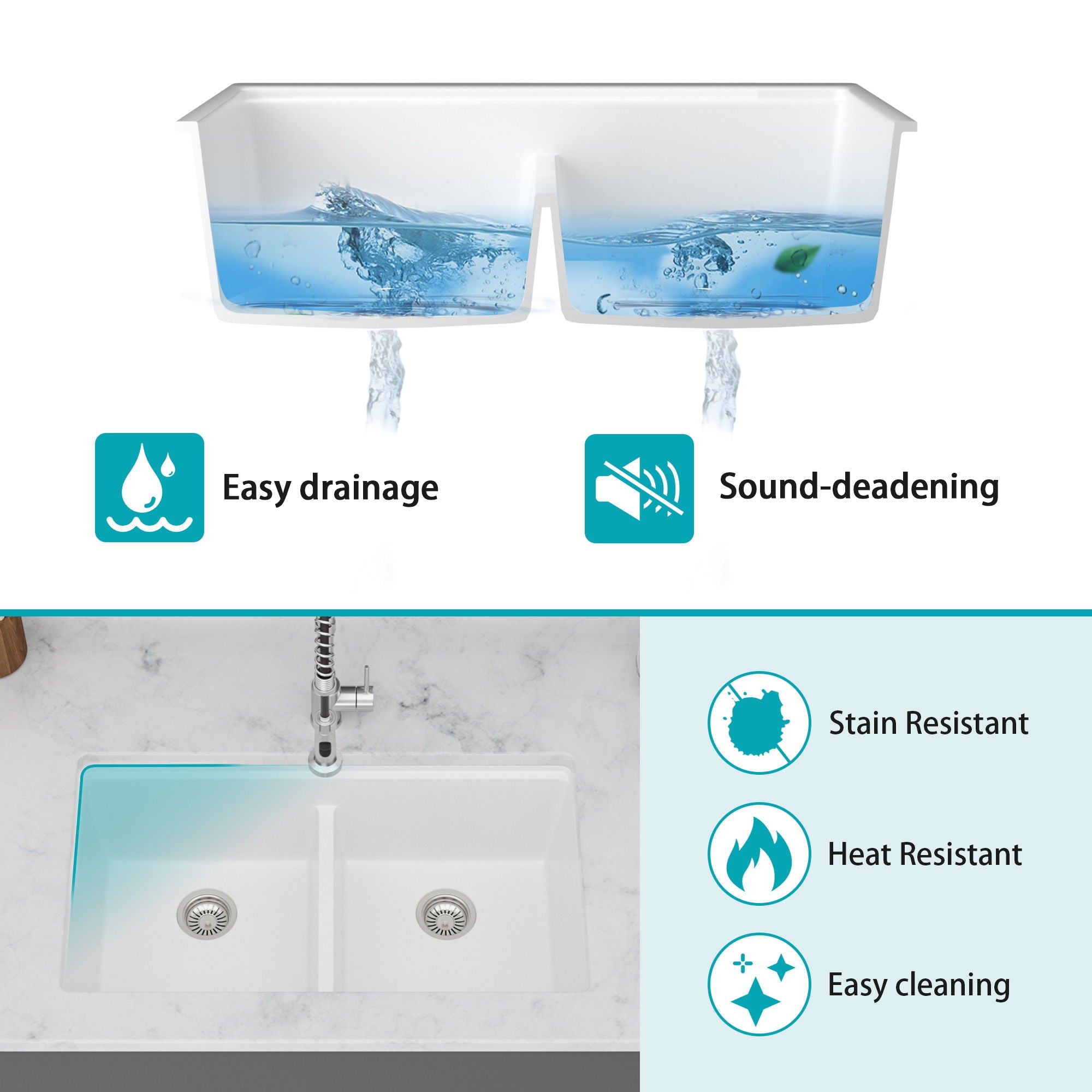 Quartz Kitchen Sink, Granite Composite Double Bowl, Undermount Workstation