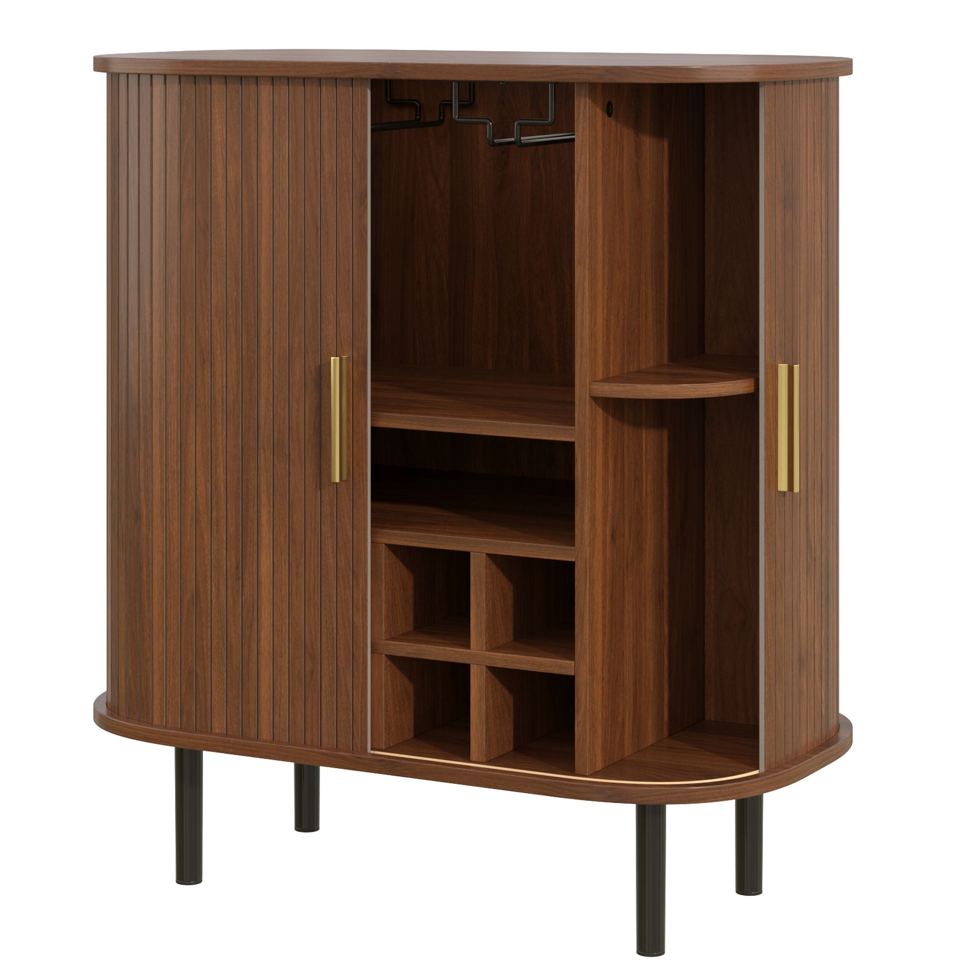 Fluted Wine Bar Cabinet With 8 Grid Wine Rack, 5 Level Adjustable Shelves, 2 Glass Holders
