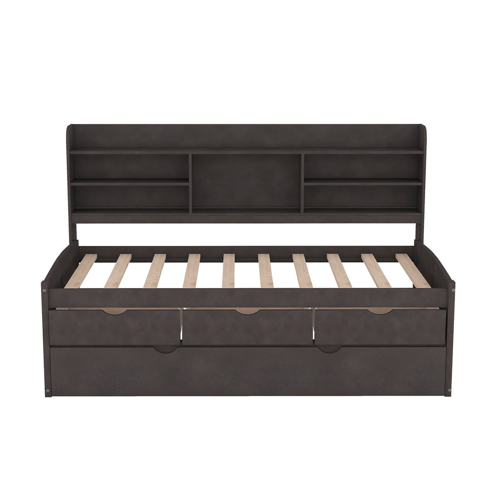 Captain Bed With Built In Bookshelves, 3 Storage Drawers, And Trundle