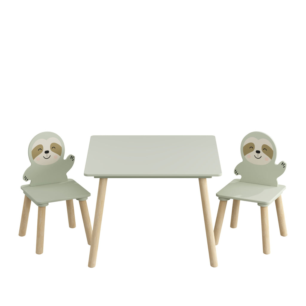 Sloth Themed Table And Chair Set With 2 Cute Animal Chairs - Natural Wood / Sage Green