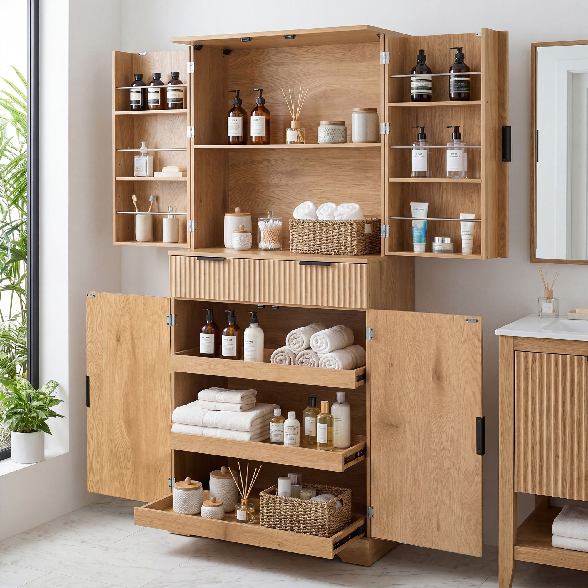 Fluted Kitchen Pantry Cabinet With 3 Keyboard Drawers & 6 Door Shelves Adjustable
