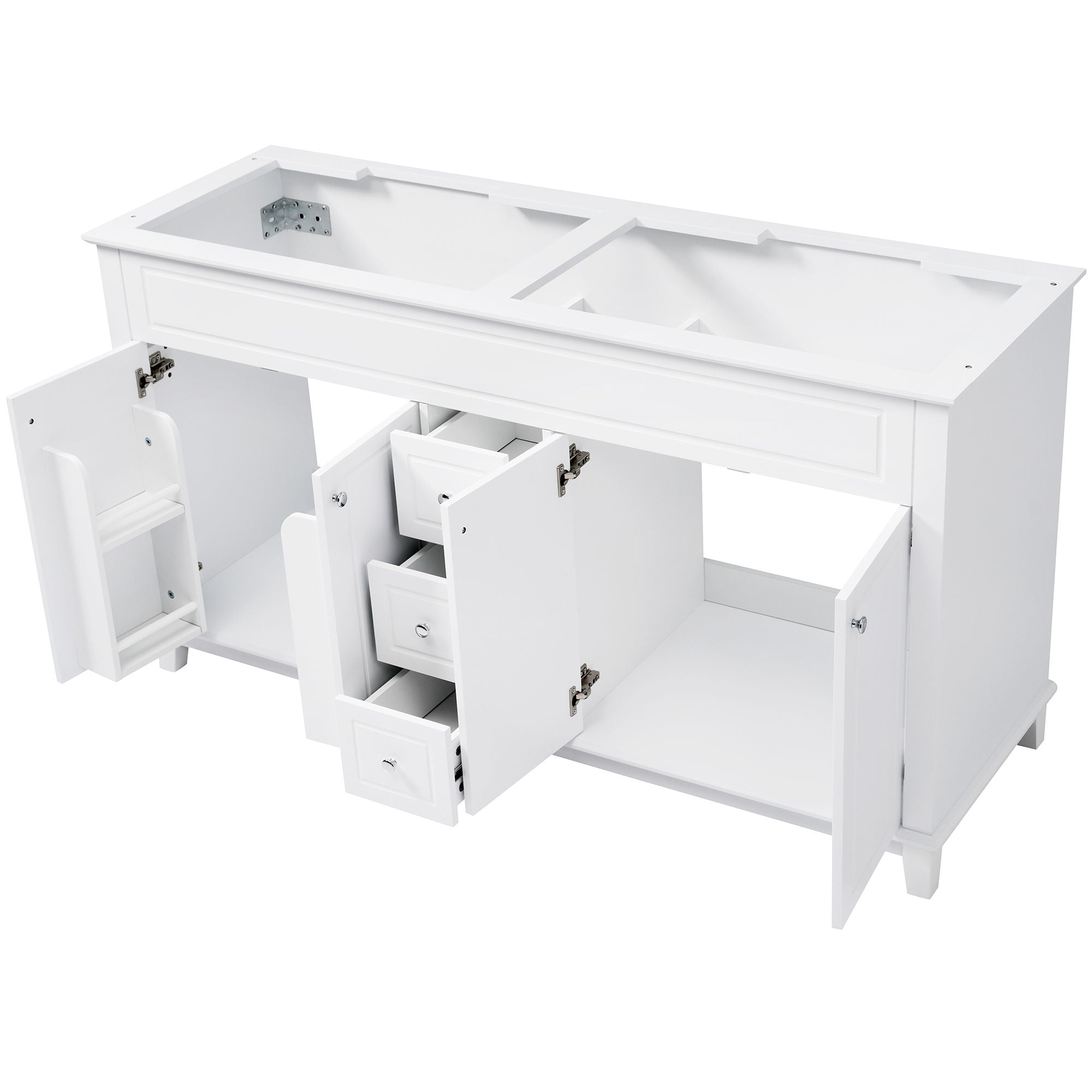Bathroom Vanity Cabinet Only, 3 Drawers & 4 Doors & Double Layer Shelves - White