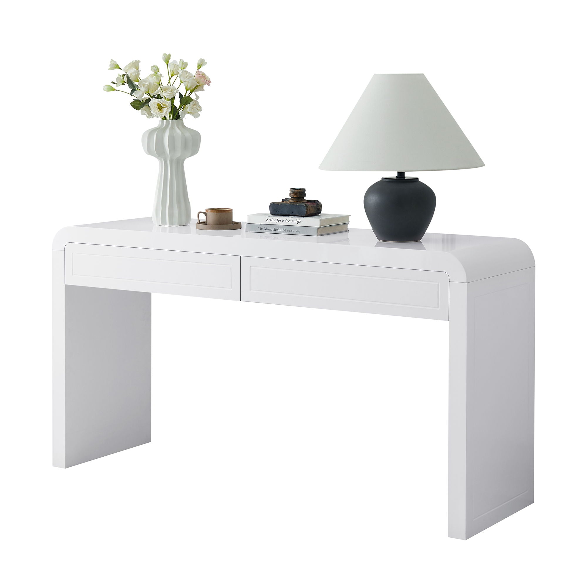 Curved Console Table With Storage, 2 Drawers - White
