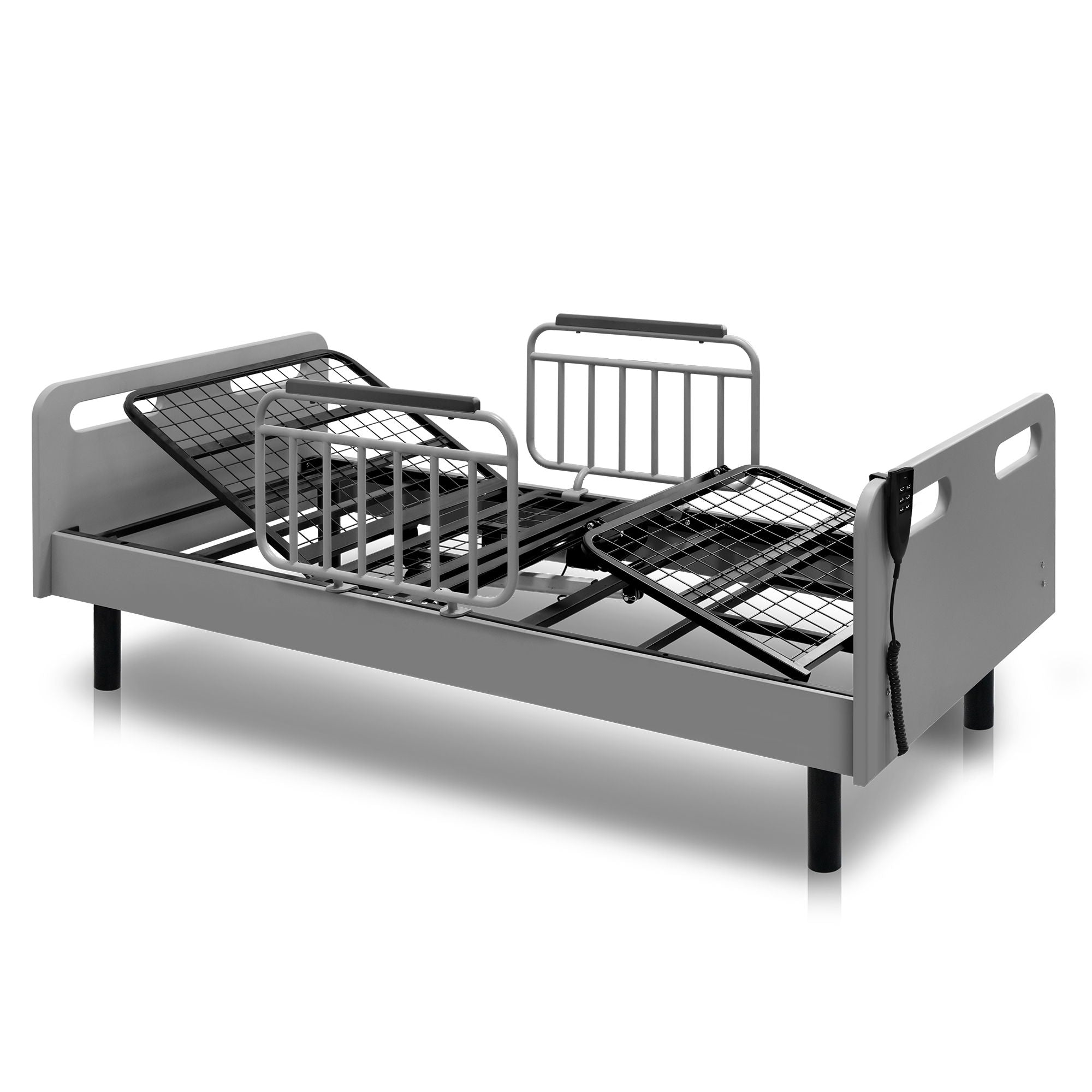 Electric Adjustable Hospital Bed For Home Use With Wired Remote Control, Memory Foam Mattress - Gray / White