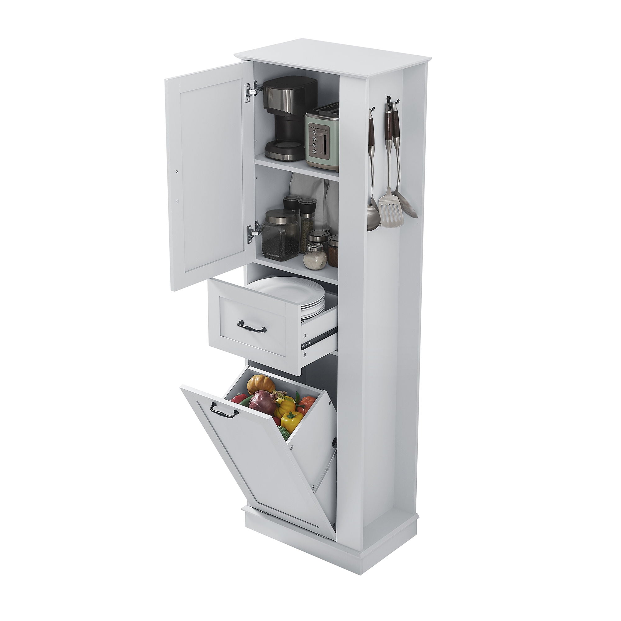 Modern Tall Storage Cabinet With Tilt-Out Compartment, Adjustable Shelves