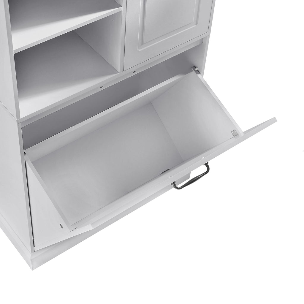 Modern Tall Storage Cabinet With Adjustable Shelves, Flip-Out Basket & Enclosed Doors