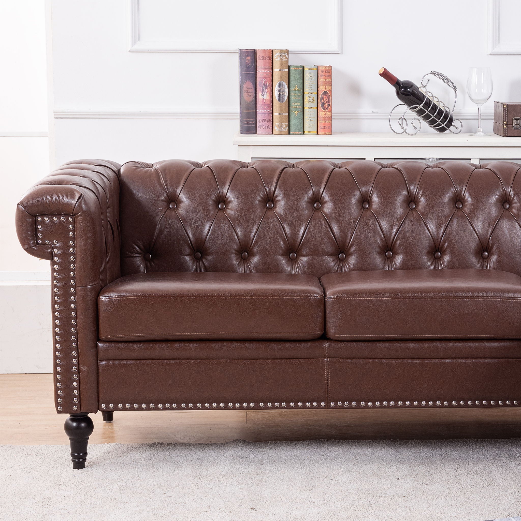 L Shaped Reversible Modern Chesterfield Sofa With Rolled Arms And Nailhead, 5 Seat Tufted Couch