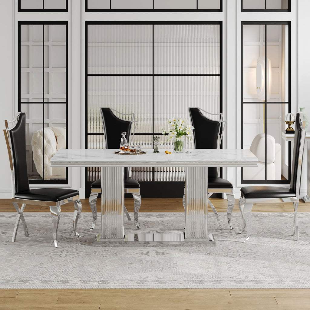 Marble Printed Top Rectangular Dining Table, Stainless Steel Base With Mirrored Finish