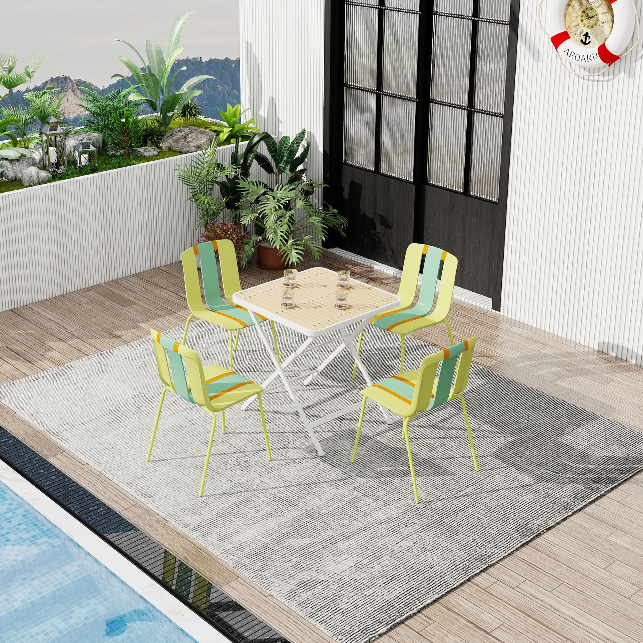 4 Piece Set Of Color Block Designed Single Chairs With Folding Square Table - Grain Yellow / Haze Green / Khaki / Tropical Orange / White