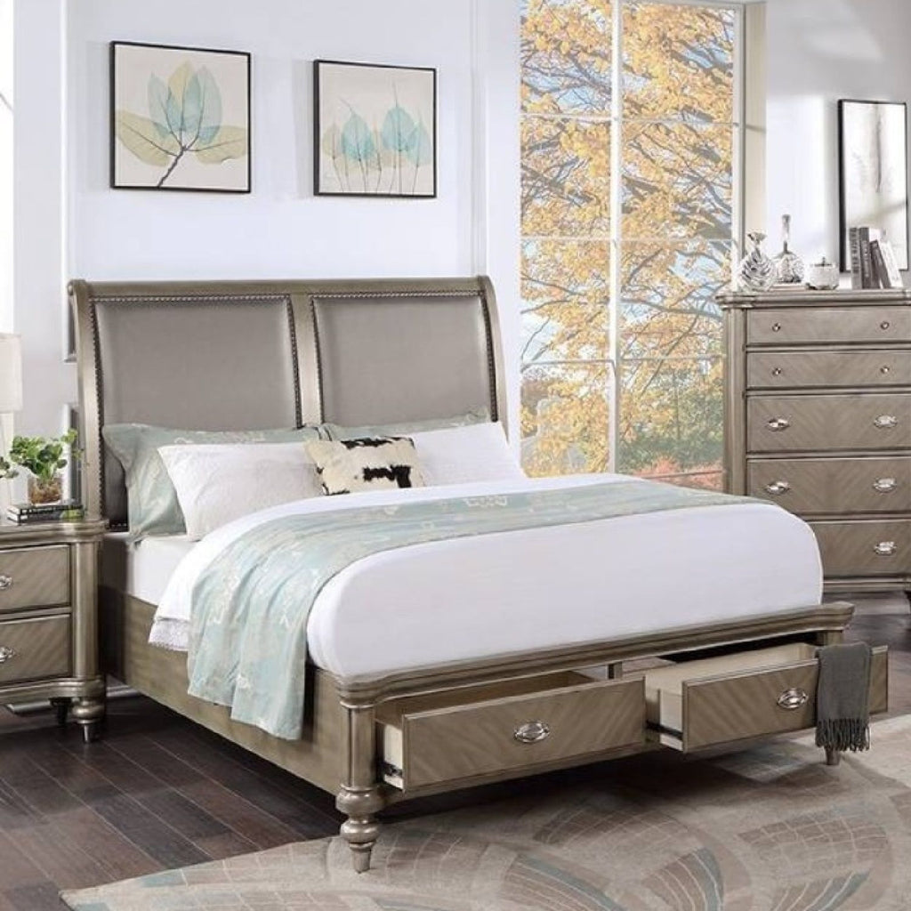 Bed With 2 Panel Upholstered Headboard And Footboard Drawers