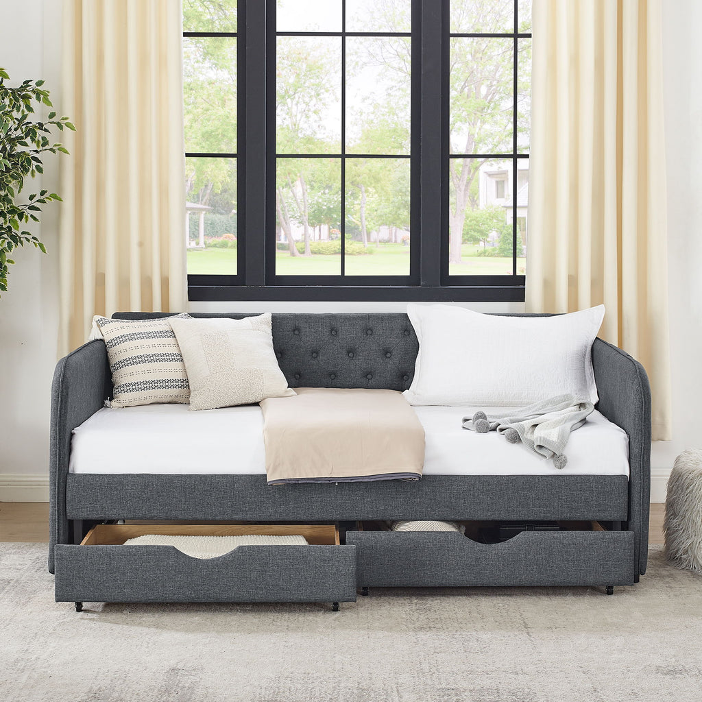 Daybed With Trundle And Storage Drawers, Flat Arms With Pocket