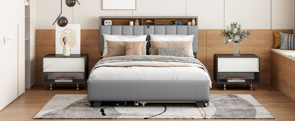 Upholstered Platform Bed With Storage Headboard, Trundle & 2 Drawers And A Set Of Sockets & USB Ports