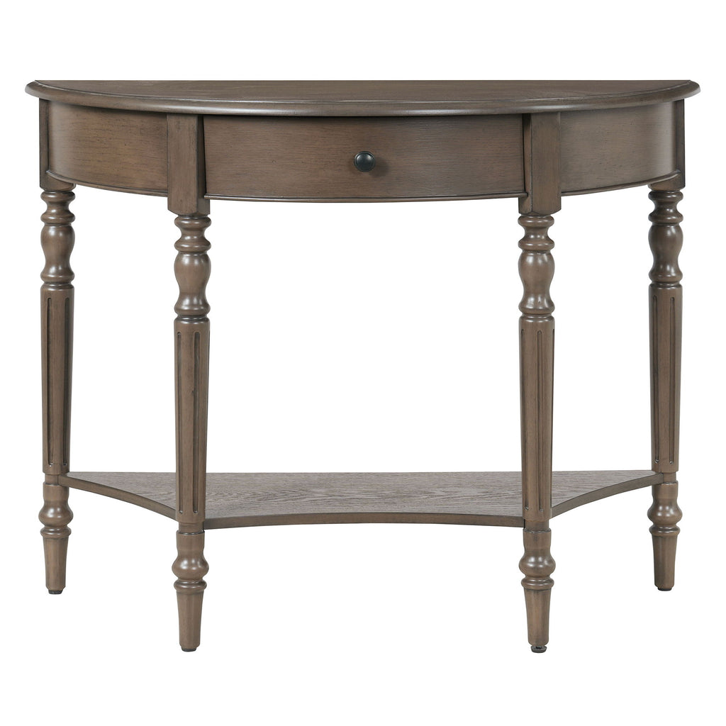 Half Moon Console Table With Drawer & Shelf For Living Room - Walnut