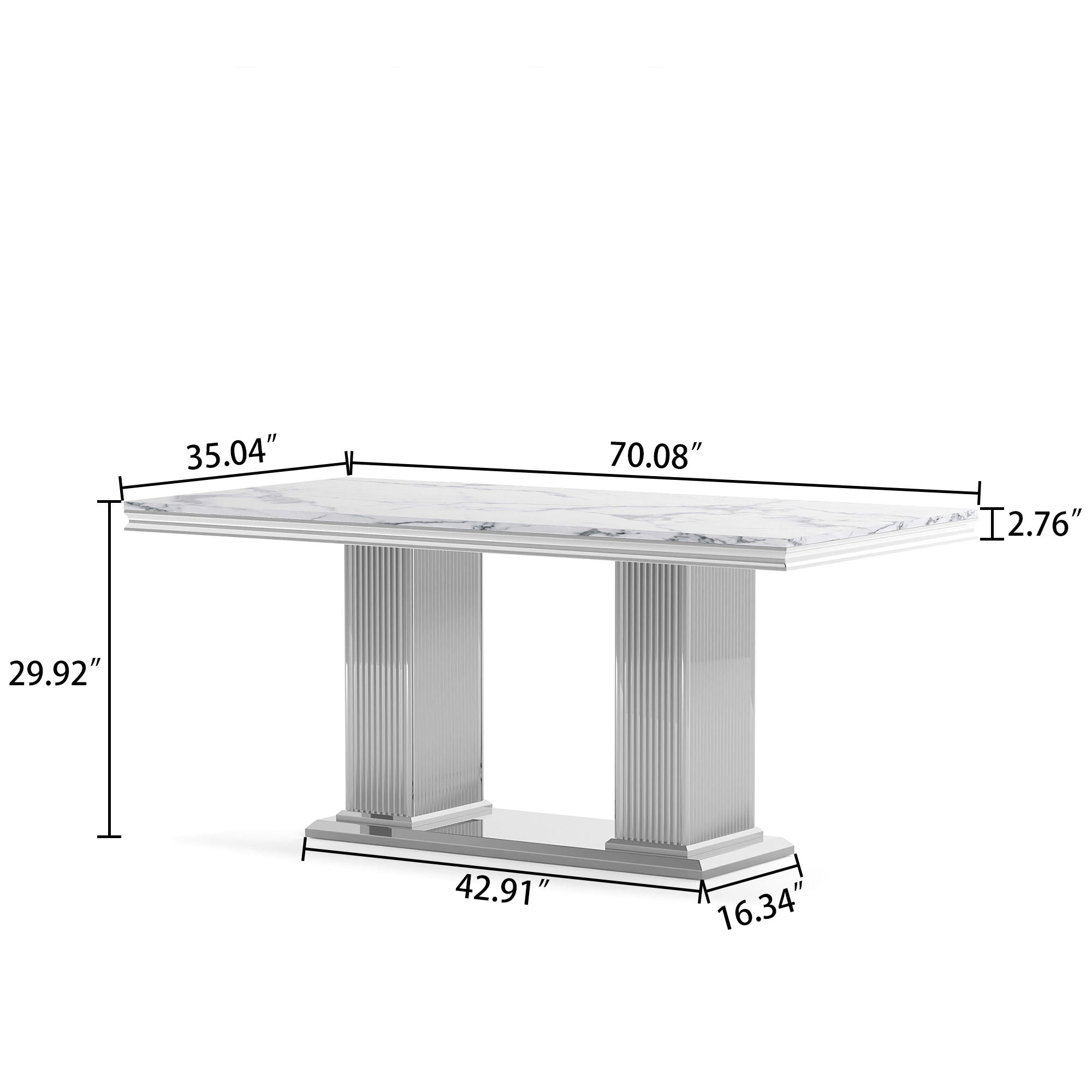 Marble Printed Top Rectangular Dining Table, Stainless Steel Base With Mirrored Finish