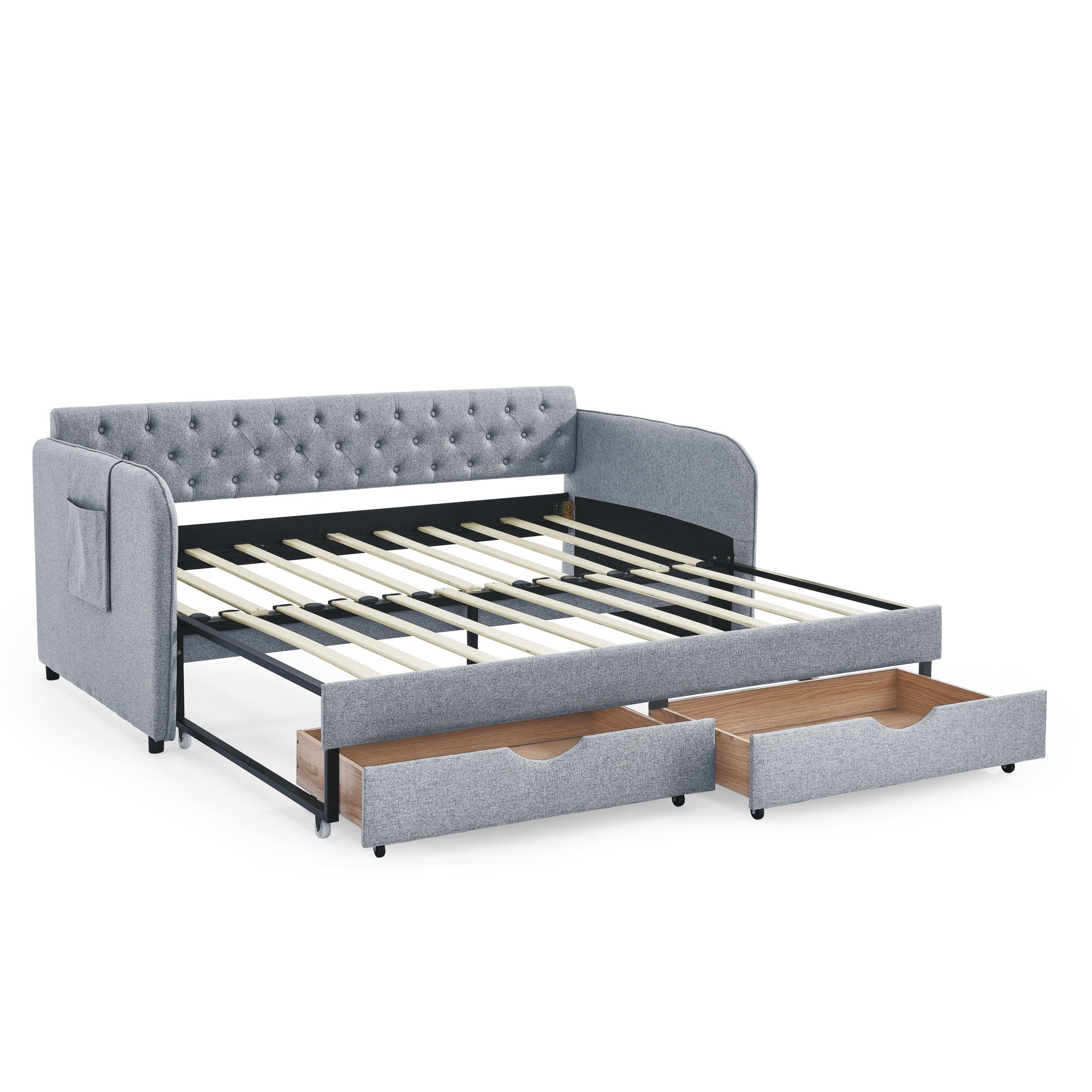 Daybed With Trundle And Storage Drawers, Flat Arms With Pocket