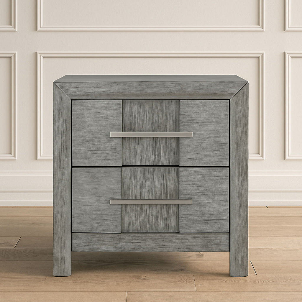 Modern 2 Drawer Nightstand In Gray Finish With Silver Metal Handles, Contemporary Bedside Table With Smooth Glide Drawers