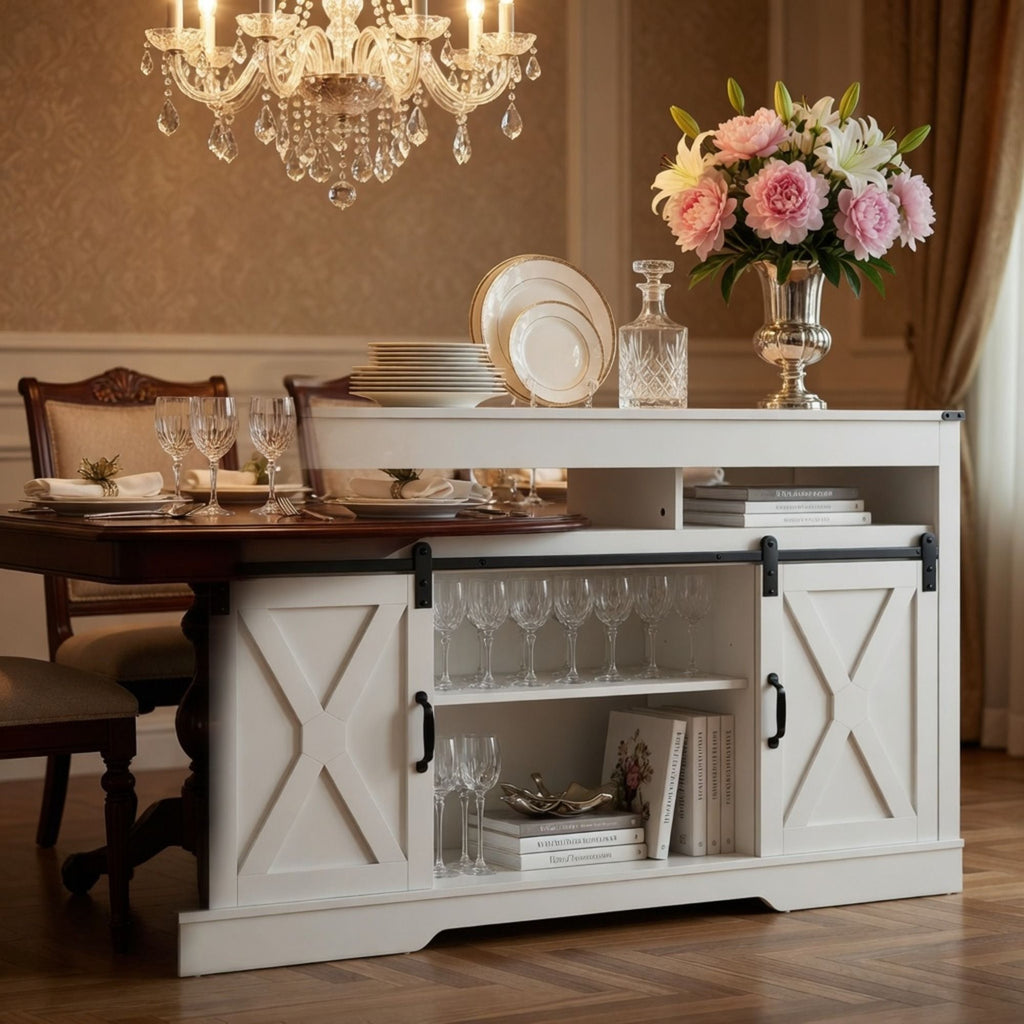 Farmhouse TV Stand With Sliding Barn Doors & Adjustable Storage