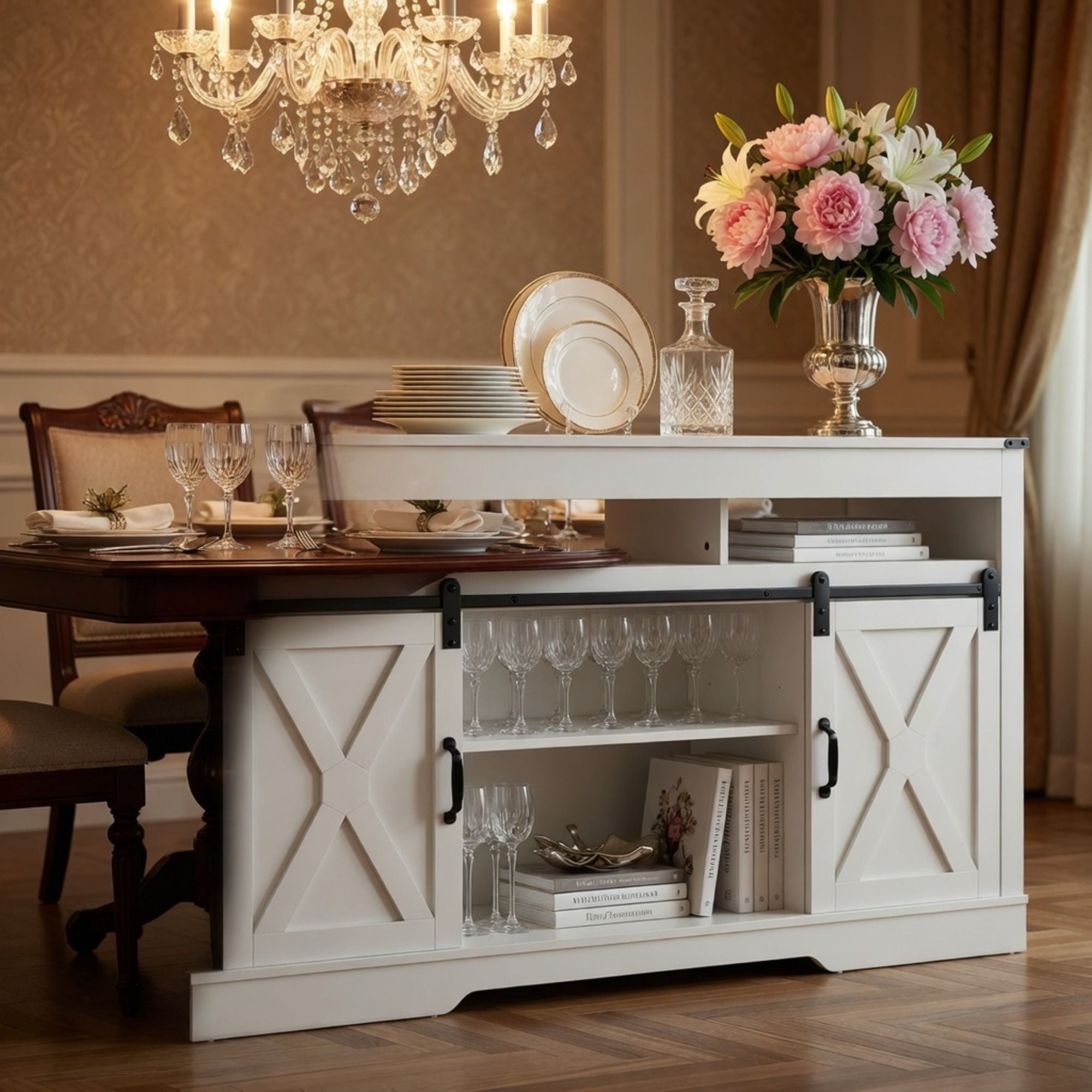 Farmhouse TV Stand With Sliding Barn Doors & Adjustable Storage