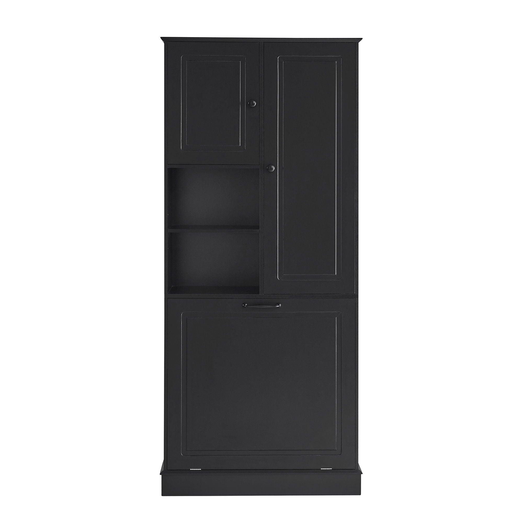 Modern Tall Storage Cabinet With Adjustable Shelves, Flip-Out Basket & Enclosed Doors