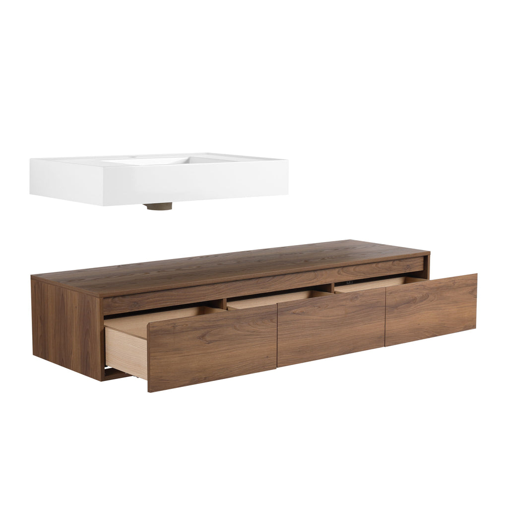 Modern Wall Mounted Bathroom Vanity With Resin Sink And Soft Close Drawer - Brown Ebony