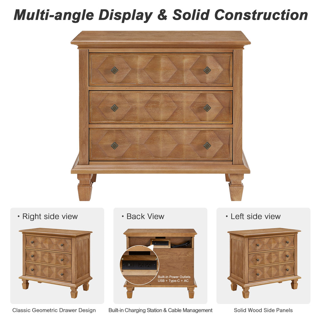 Nightstand With Charging Station, 3 Drawer Bedside Table - Natural Wood
