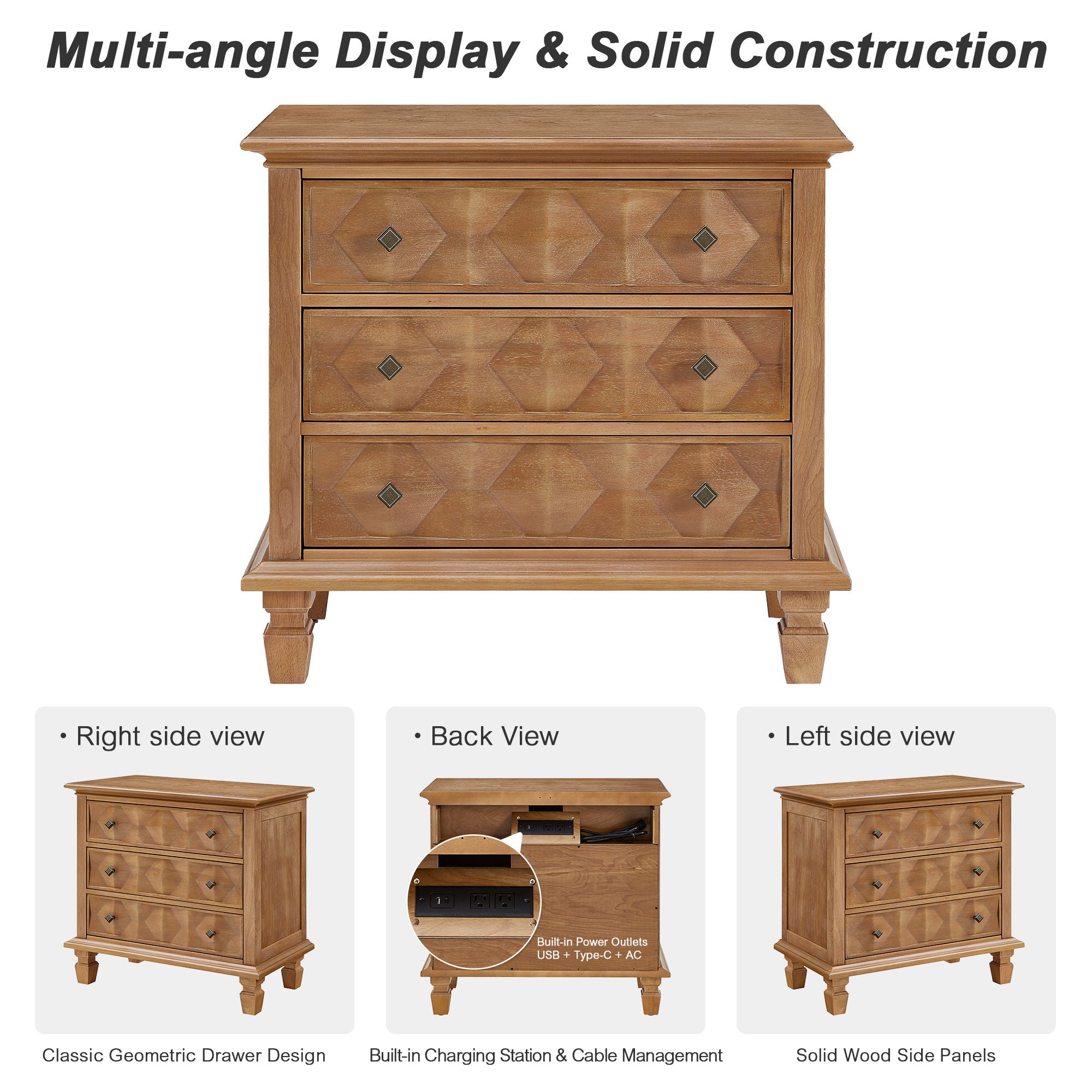 Nightstand With Charging Station, 3 Drawer Bedside Table - Natural Wood