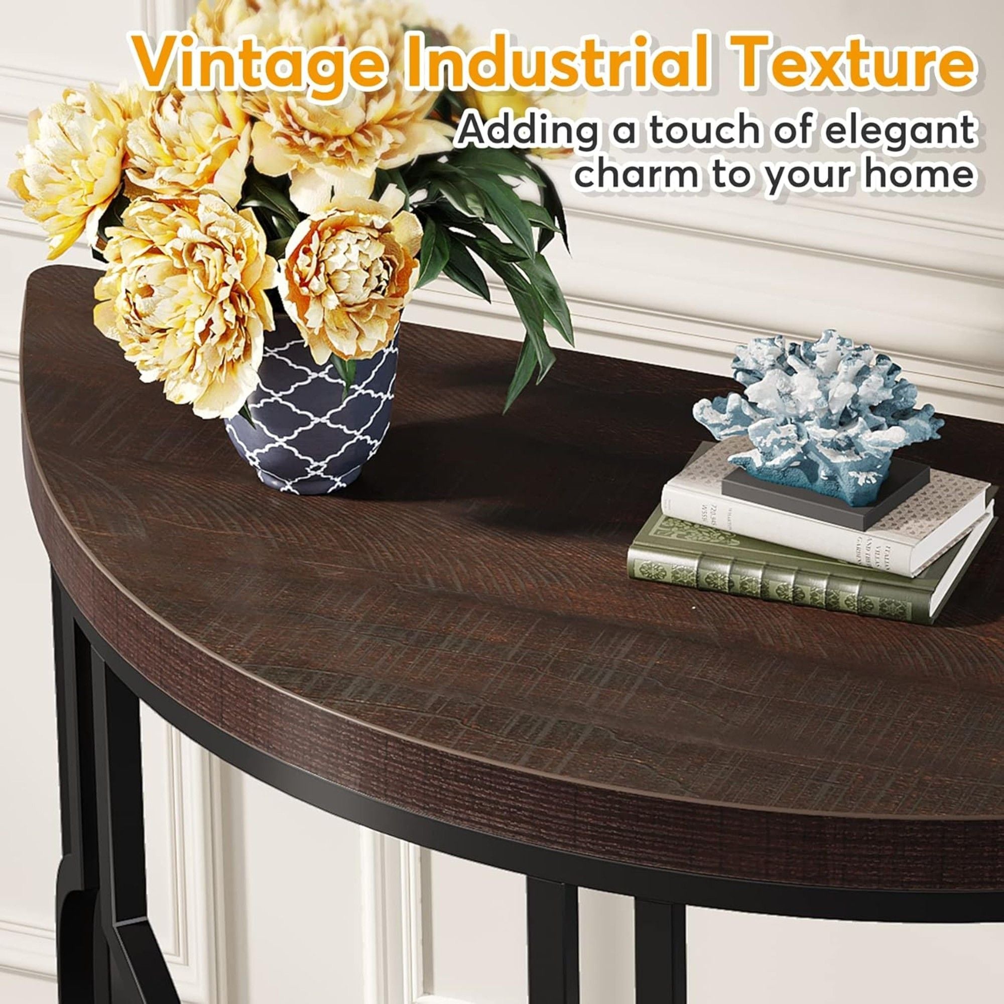 Semi Circle, Half Moon Console Table For Entryway With Geometric Base For Living Hallway - Rustic Brown
