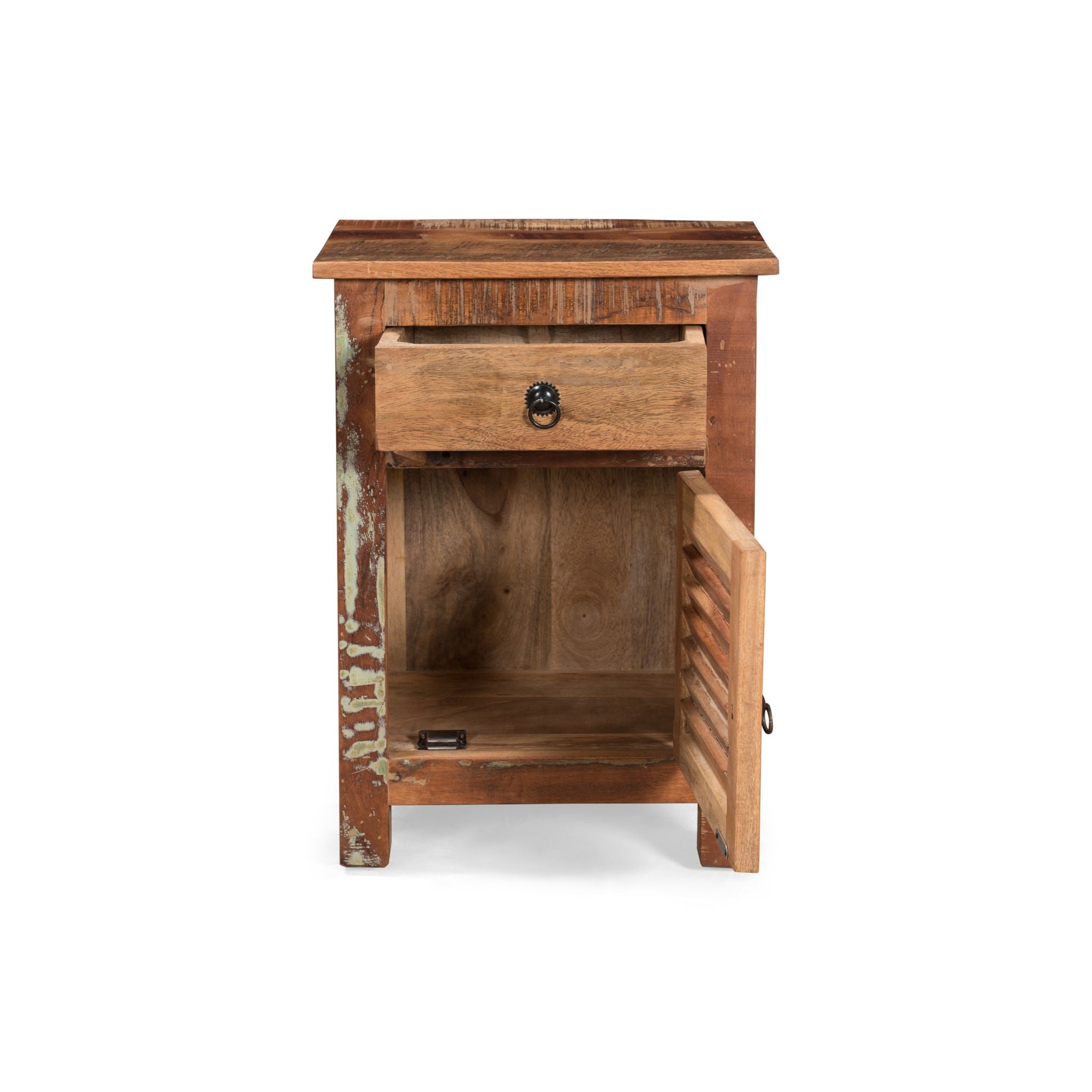 Recycled Wood Side Table With Drawer And Door - Natural