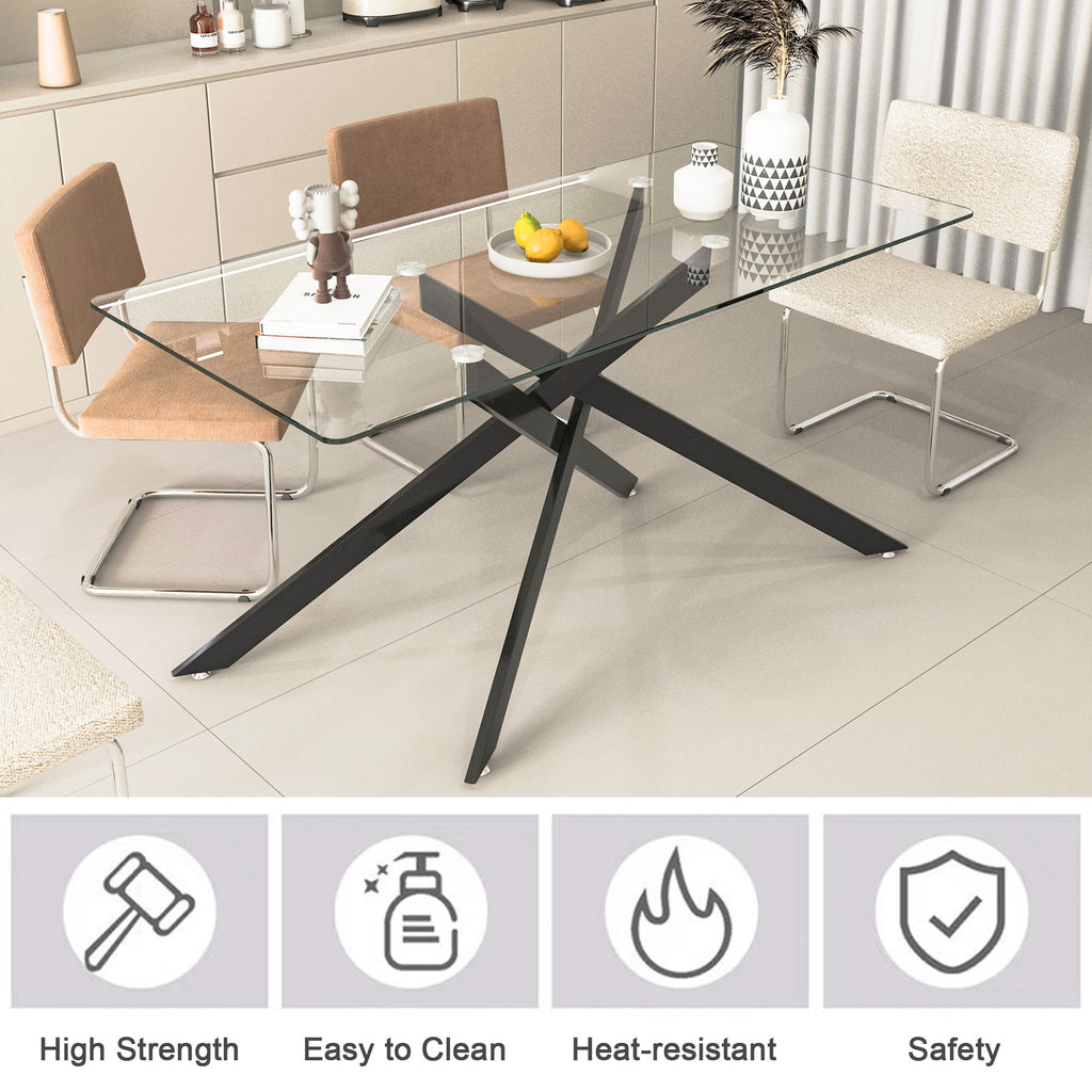 Stylish Design Rectangular Clear Tempered Glass Dining Table With Metal Legs