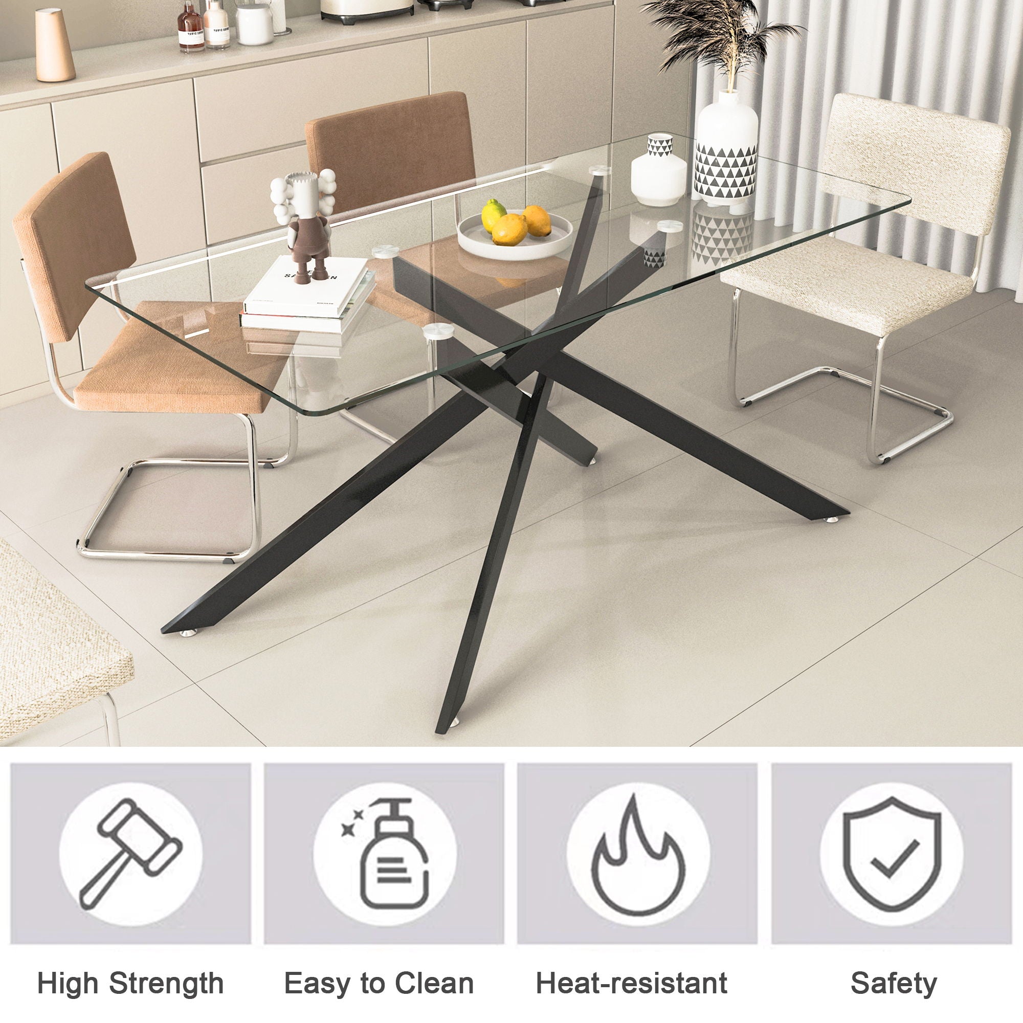 Stylish Design Rectangular Clear Tempered Glass Dining Table With Metal Legs
