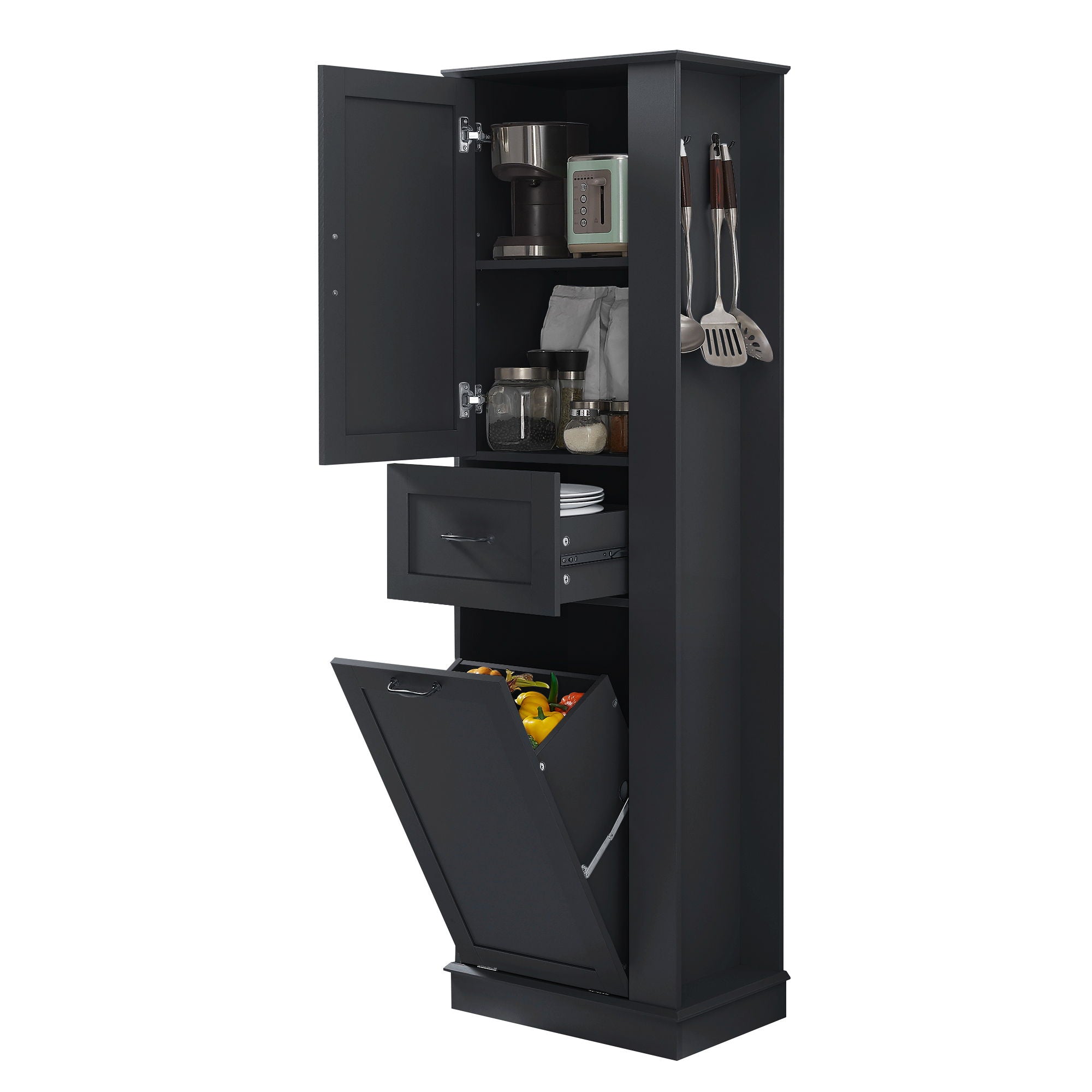 Modern Tall Storage Cabinet With Tilt-Out Compartment, Adjustable Shelves