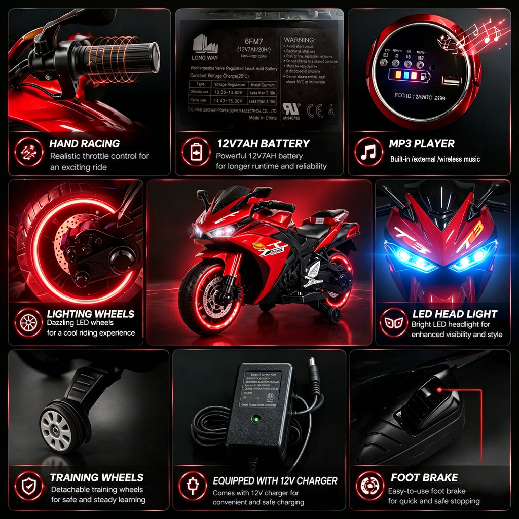 Kids 12V Motorcycle With Training Wheels, Manual Throttle, And Lighting Wheels For Boys And Girls Ages 3-6 - Red