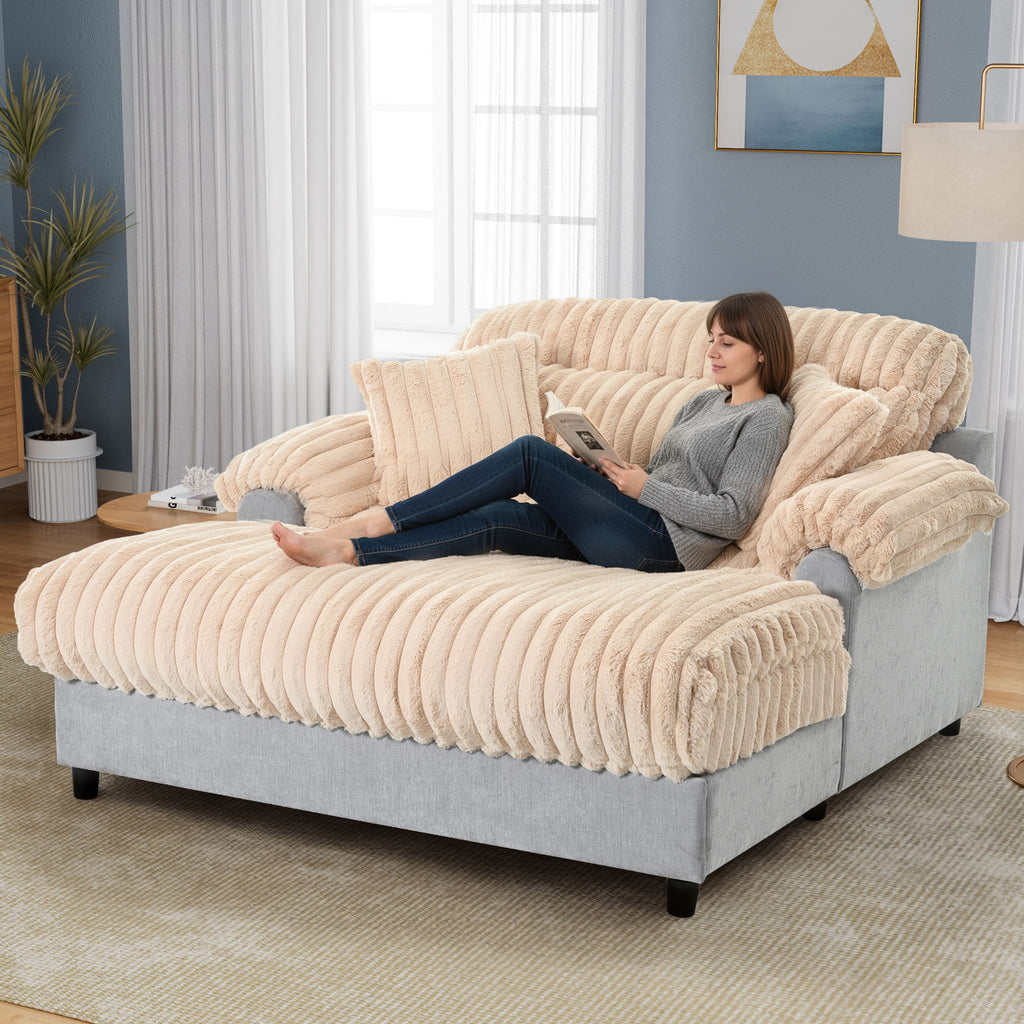 Chaise Lounge Cloud Sofa With 2 Throw Pillows - Champagne