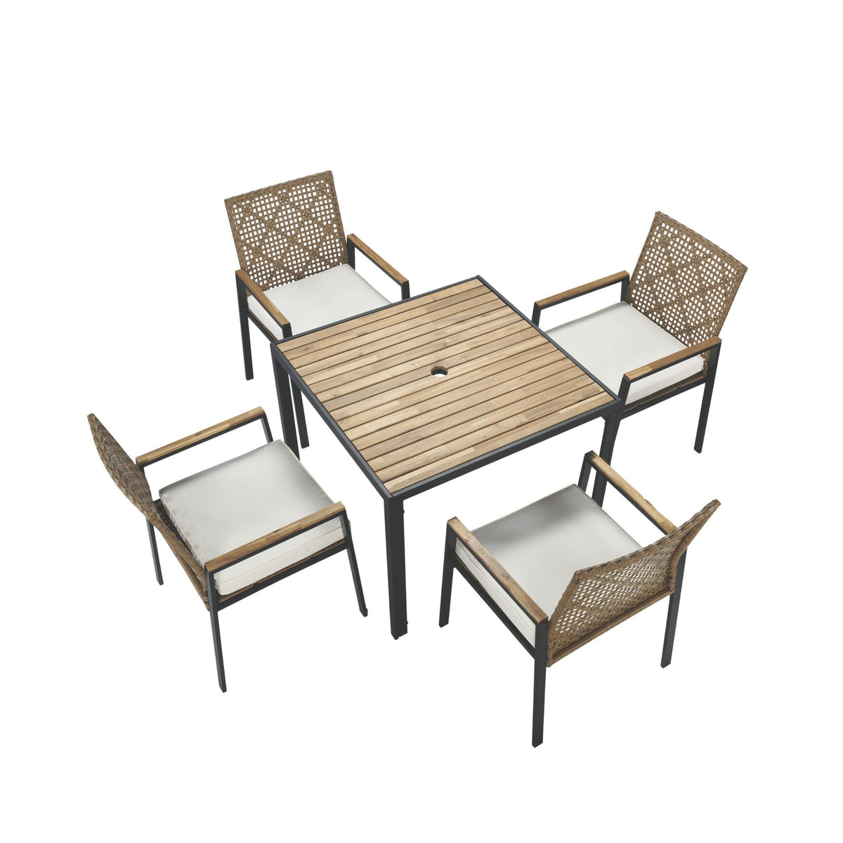 5 Piece Patio Dining Table Set, Acacia Wood Table Top With Umbrella Hole