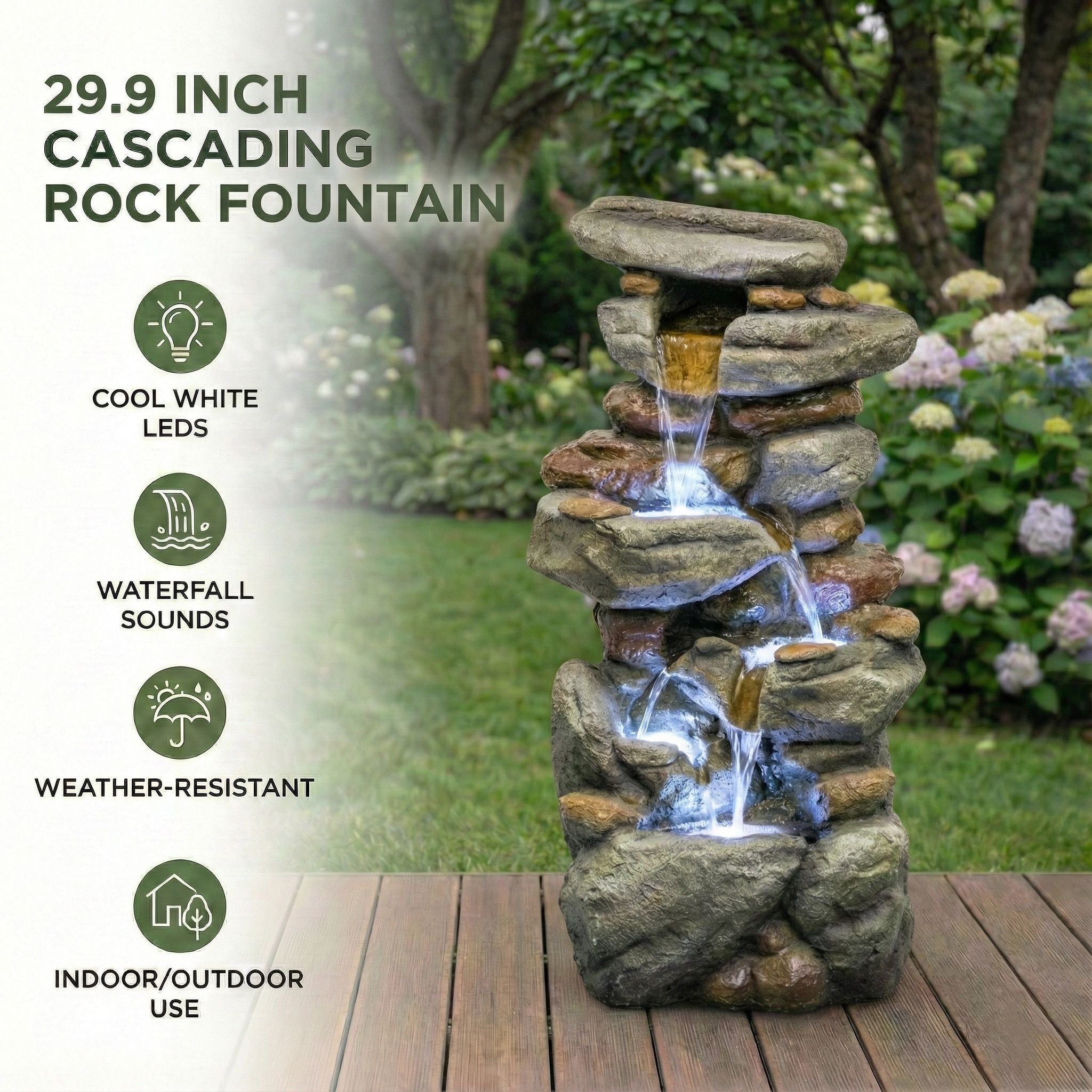 Stacked Rock Waterfall Fountain With LED Lights For Garden - Gray