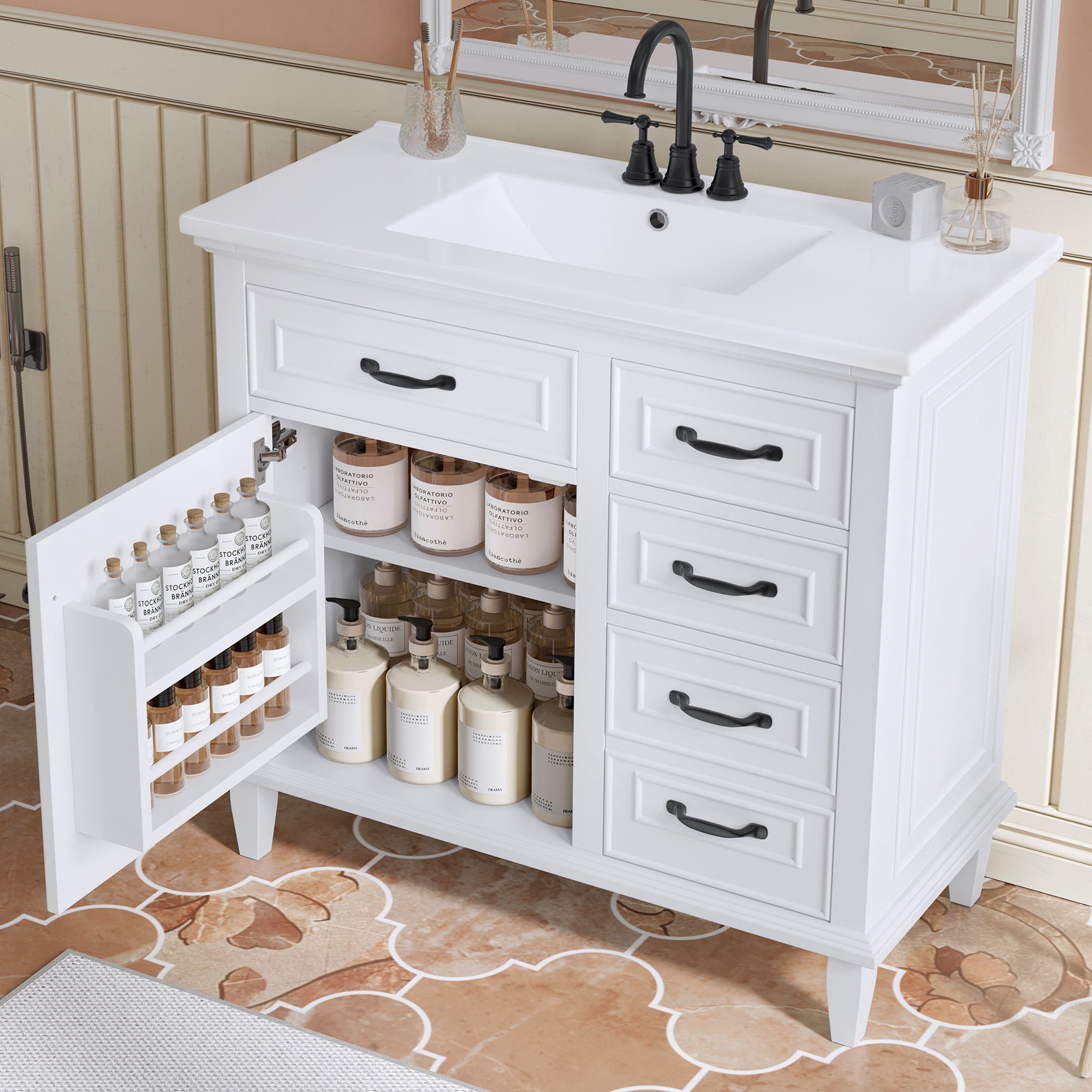 Modern Bathroom Vanity With Sink Top, Flip Drawers, Adjustable Shelf