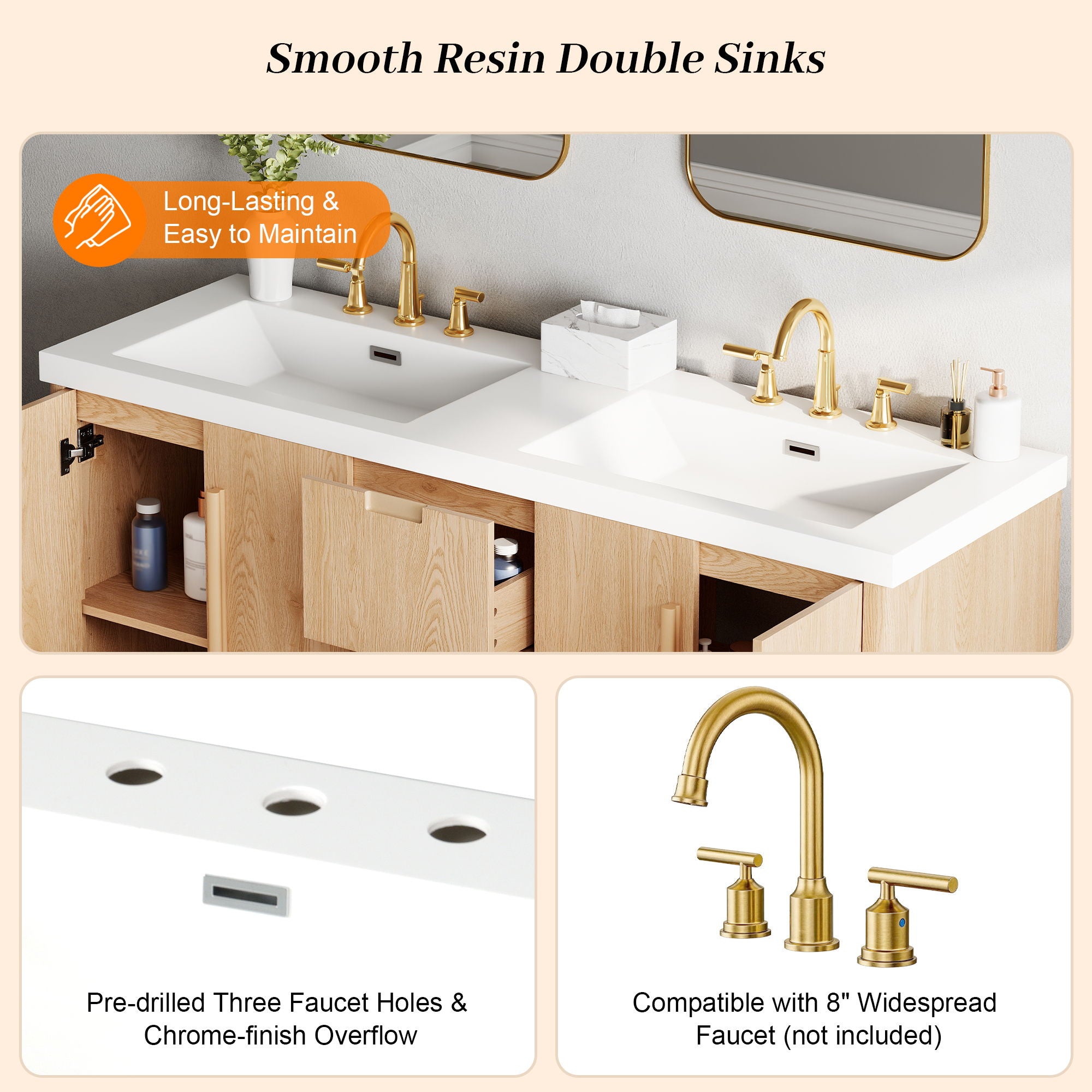 Double Sink Bathroom Vanity With Sinks, Soft Close Doors & 3 Drawers - Wood
