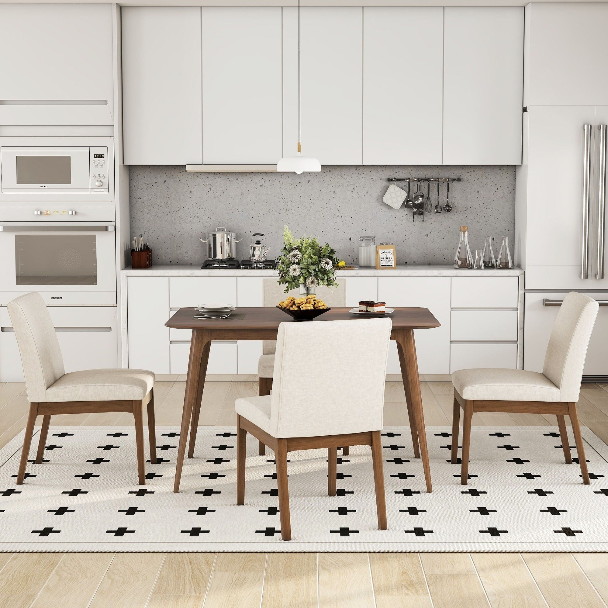 5 Piece Dining Set With Table And Upholstered Chairs - Light Beige / Walnut