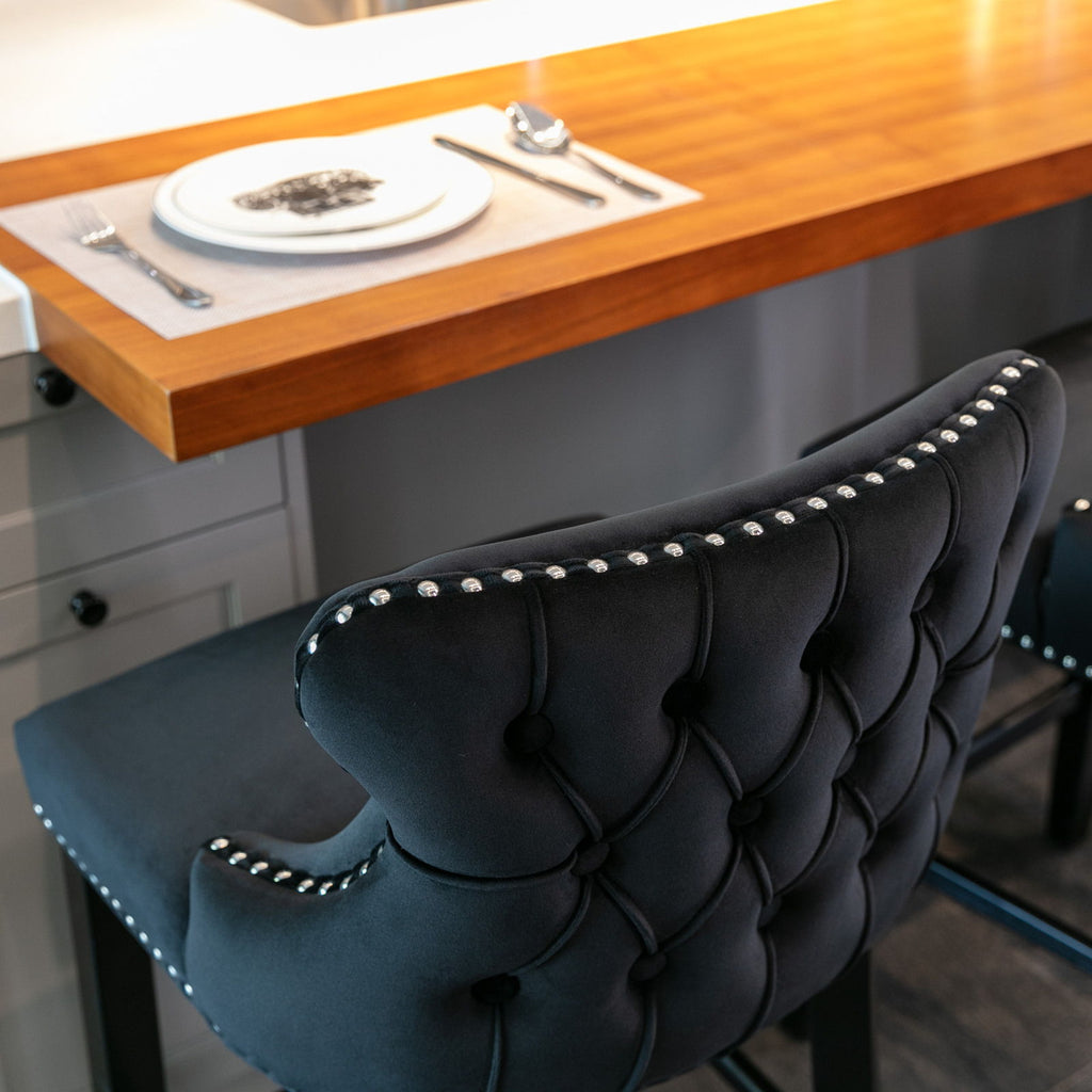 Contemporary Upholstered Wing-Back Barstools With Button Tufted Decoration And Wooden Legs, And Nailhead Trim, Leisure Style Bar Chairs, Bar Stools (Set of 2)