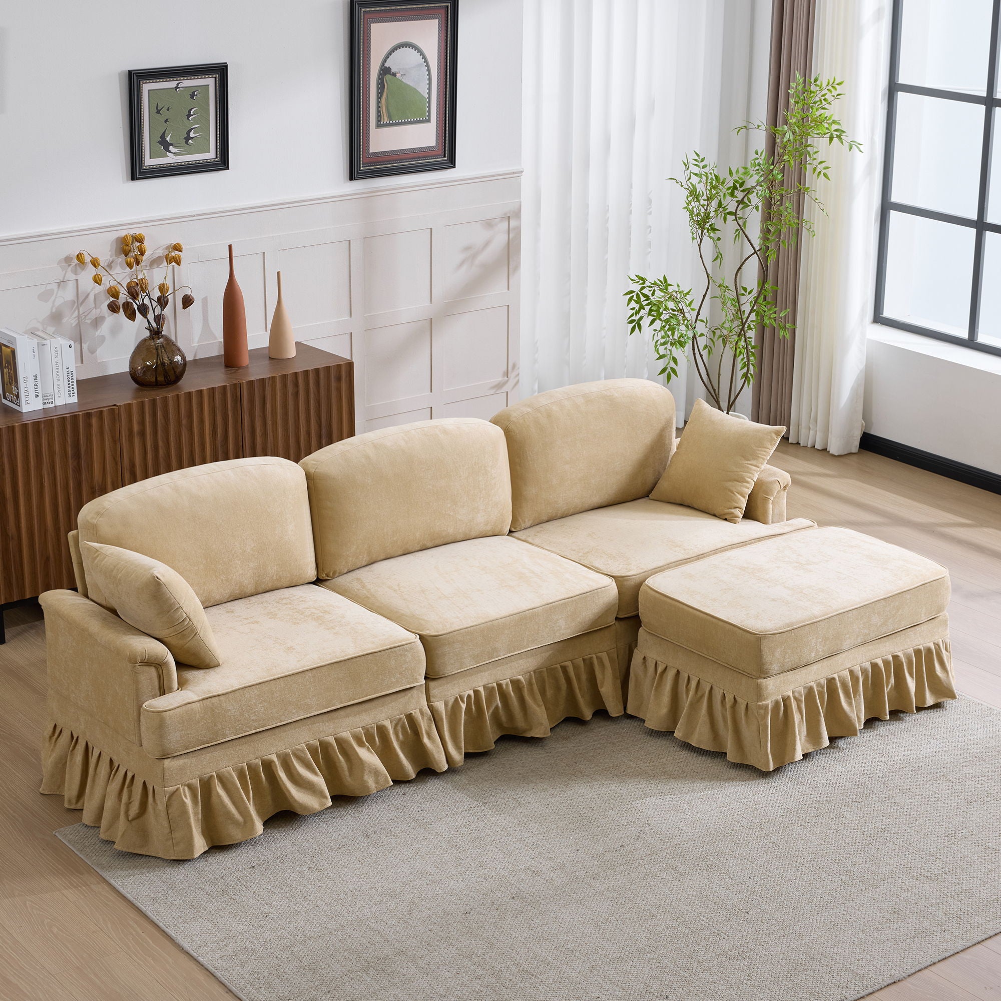 Cloud Sofa With Removable Ruffled Skirt With Ottoman And Flared Arms